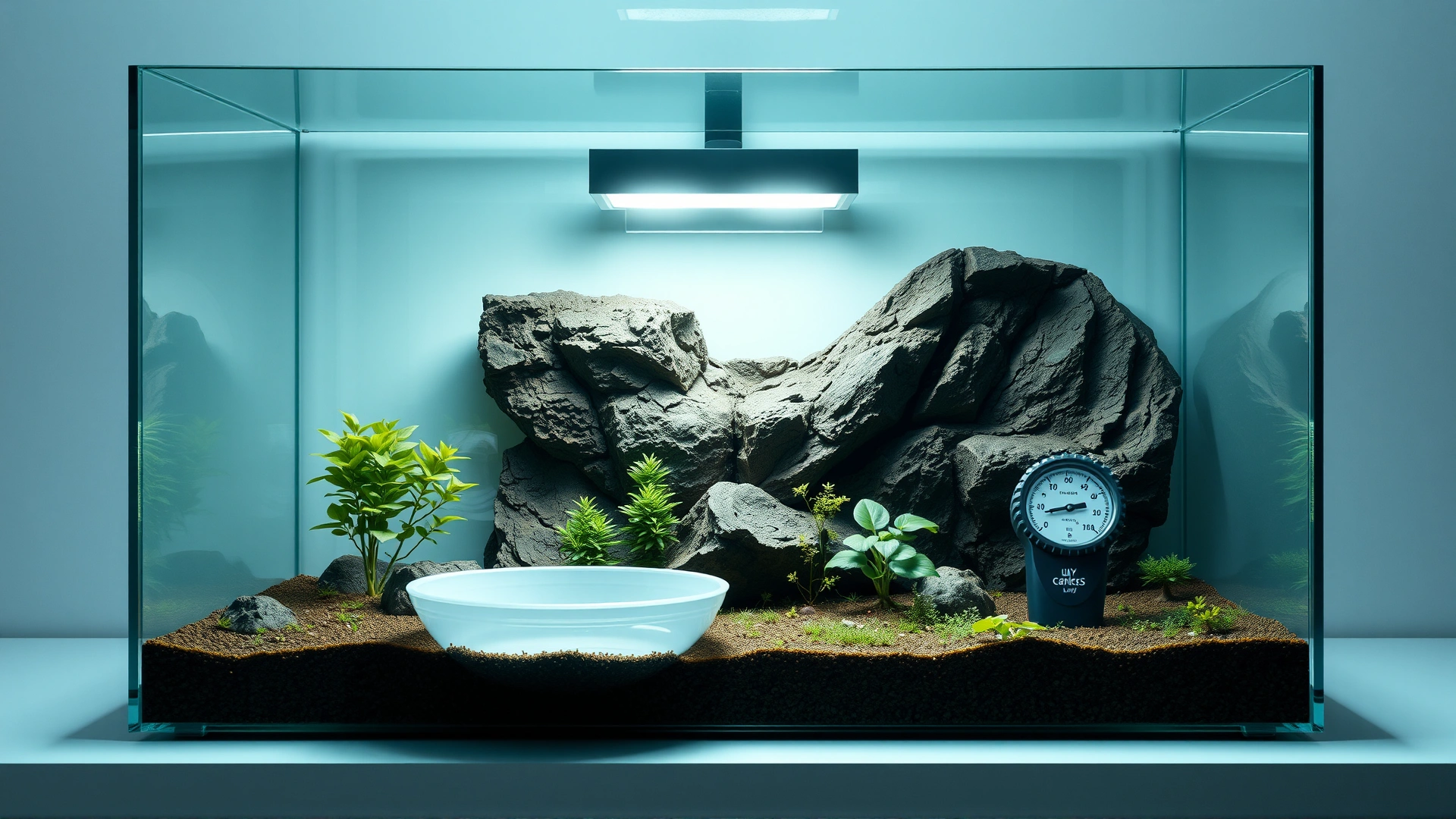 Spotless glass terrarium with UVB lamp, clean substrate, water bowl, and temperature/humidity gauges arranged neatly