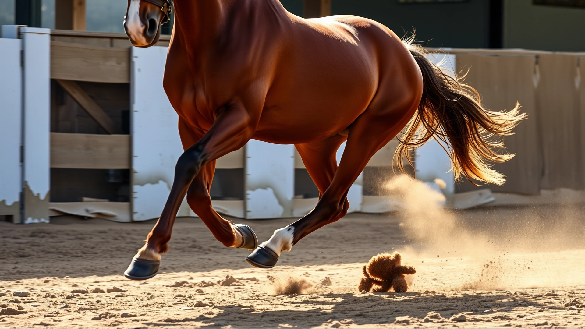 Dynamic action shot of a bay horse galloping on a dirt arena with visible shod hooves kicking up dust, captured in natural daylight.