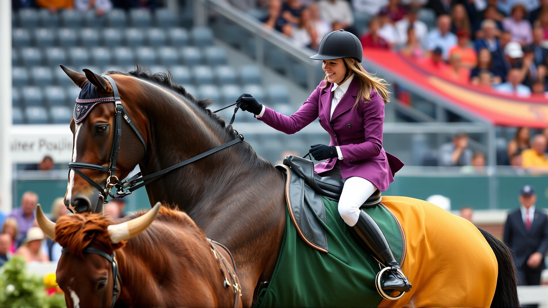 Professional equestrian guiding a Holsteiner horse over a colorful oxer during competition, spectators blurred in background