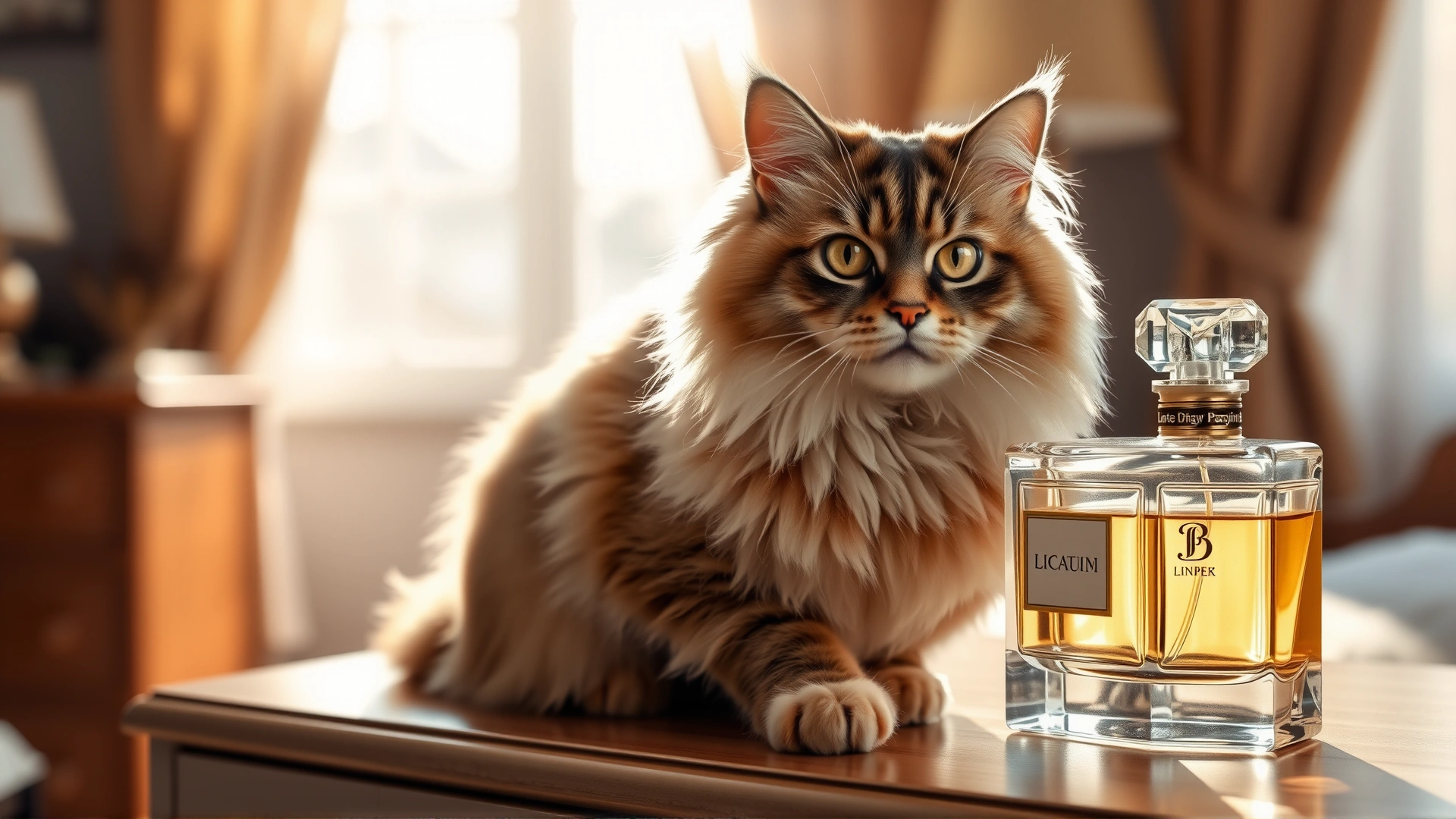 A fluffy cat sitting next to an elegant glass perfume bottle on a bedroom dresser with sunlight streaming through the window, soft focus aesthetic.