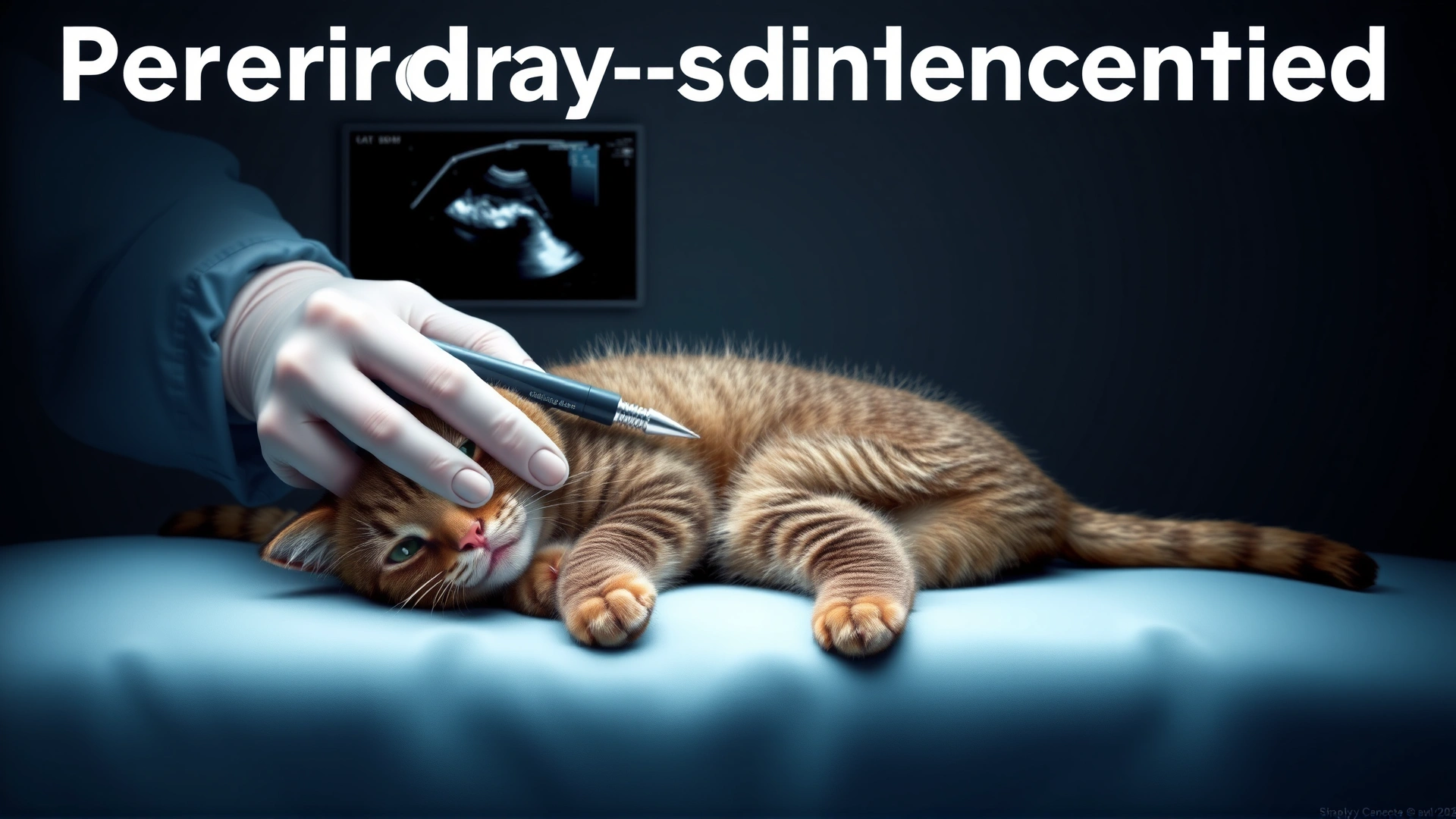 Minimalistic medical illustration of a veterinarian performing ultrasound-guided pericardiocentesis on a cat, no text