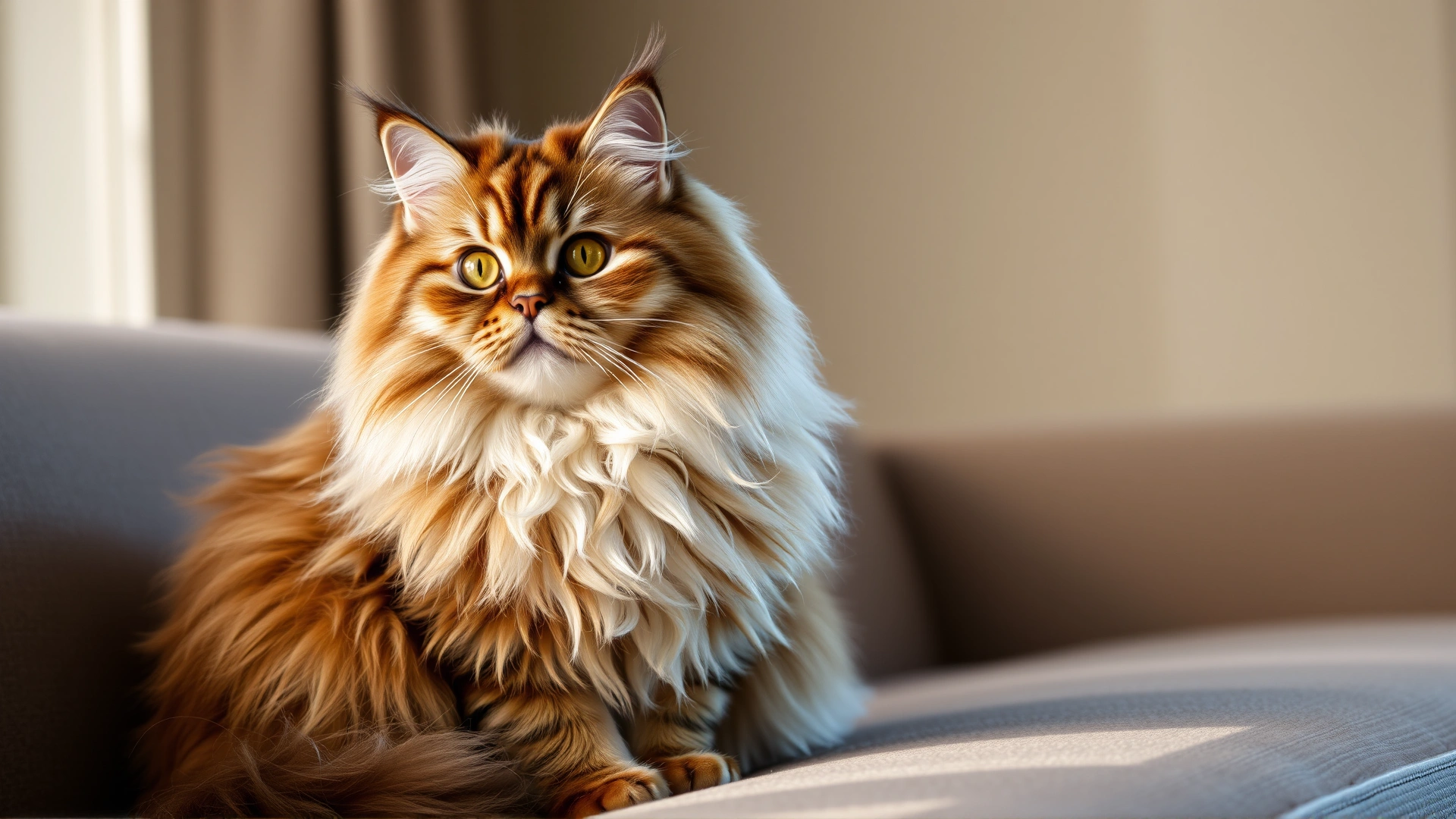 Portrait of a healthy Persian cat sitting on a couch, soft natural light, showcasing its long fur and expressive eyes.