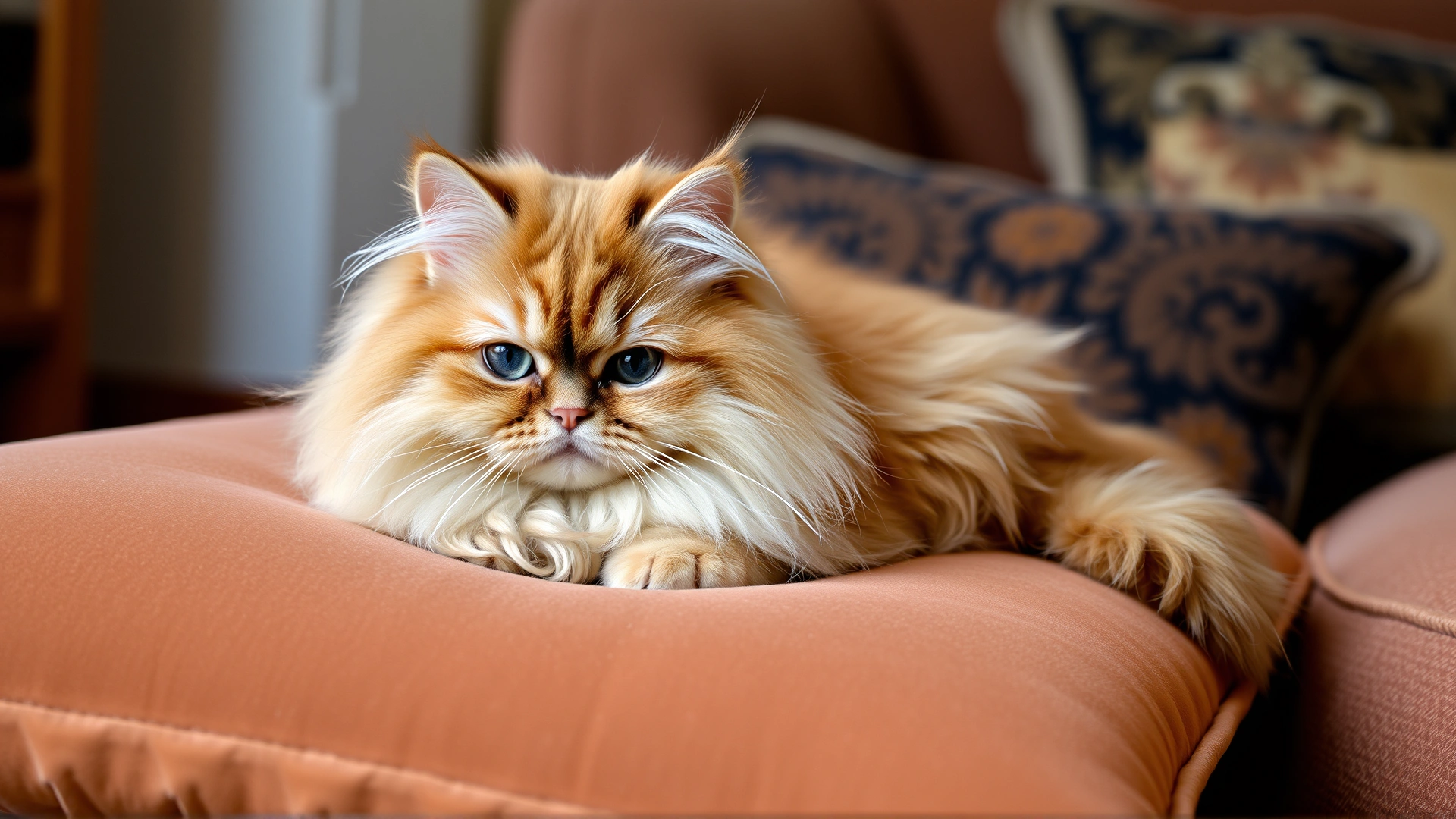 A Persian cat resting on a luxurious velvet cushion in a cozy indoor setting, highlighting its long, silky coat