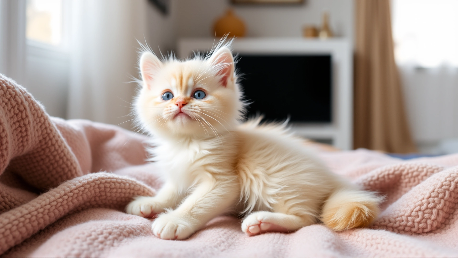 Playful pale-cream Persian kitten on a soft blanket, natural indoor lighting
