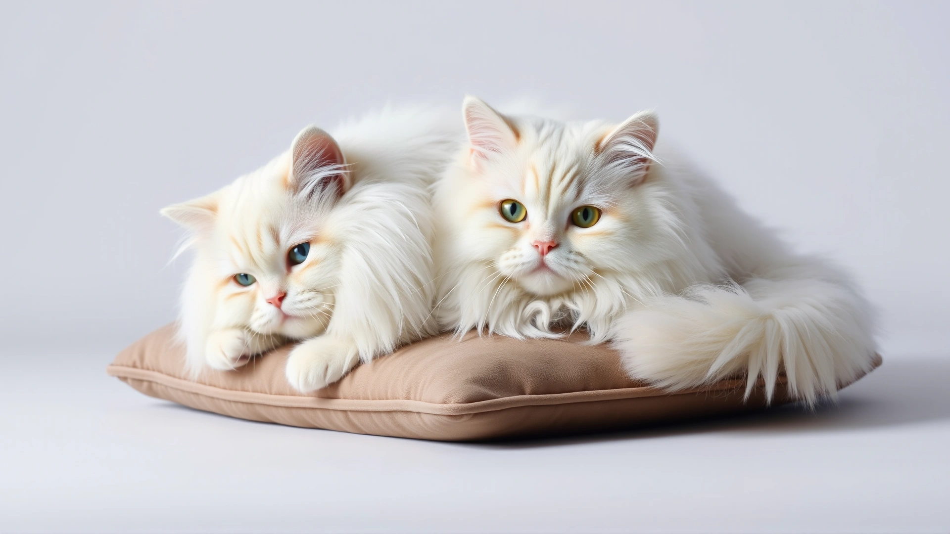 White Persian cat with luxurious long fur lying on a velvet cushion, studio lighting, no text
