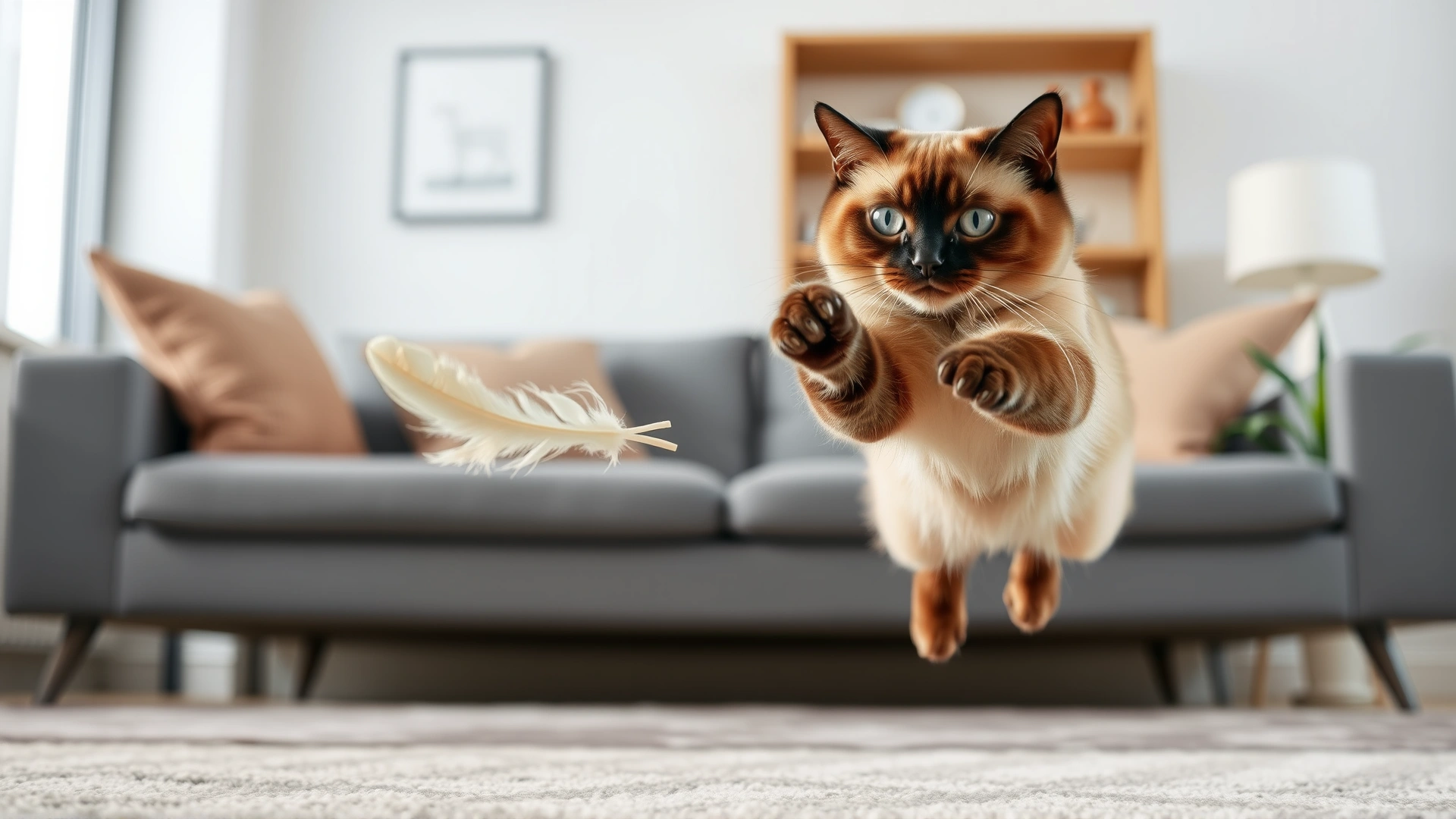 Burmese cat mid-jump chasing a feather toy in a modern living room setting