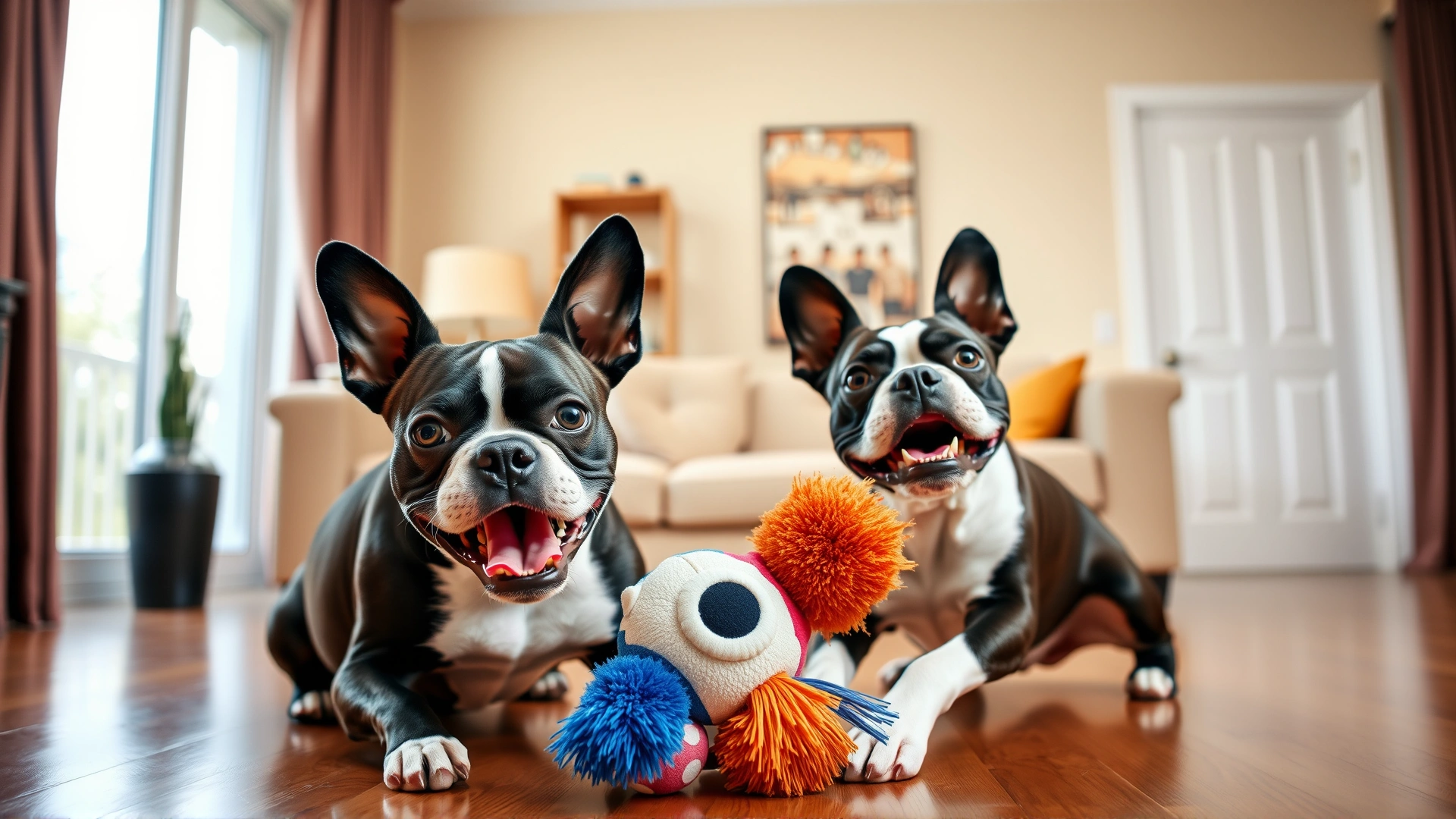 Two Boston Terriers joyfully playing with a colorful plush toy in a living room