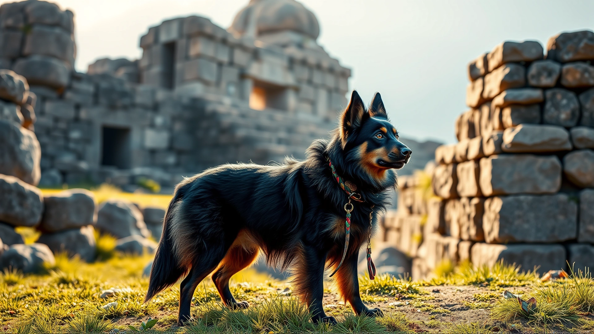 Peruvian Inca Orchid dog standing proudly in front of ancient Incan stone ruins, late afternoon light