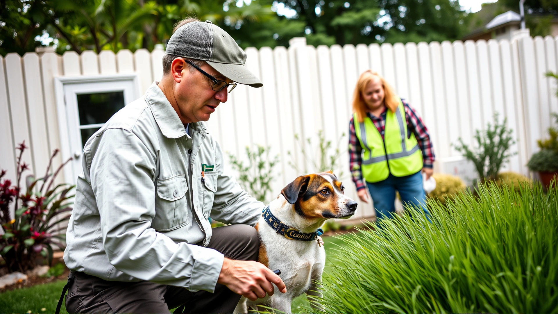 Professional pest control technician in eco-friendly uniform inspecting a backyard while a dog owner watches, both looking at grass area.