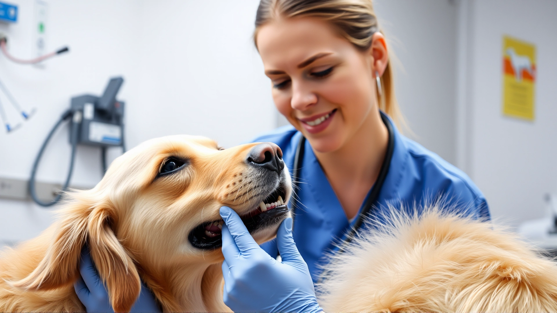 Veterinarian gently giving an oral capsule to a Golden Retriever in a clinic, calm expression, bright clinical setting.