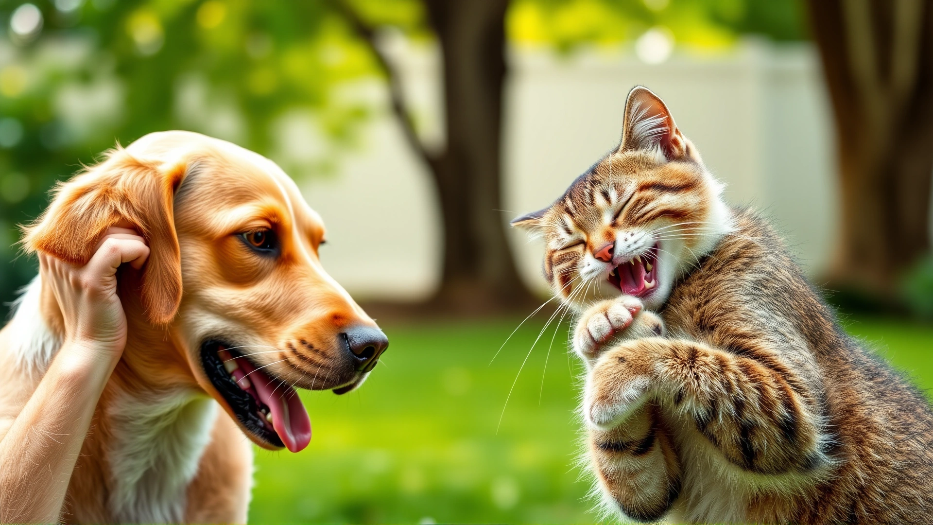 Close-up of a dog scratching its ear and a cat licking its paw, both set against a soft-focus green backyard to illustrate allergy symptoms