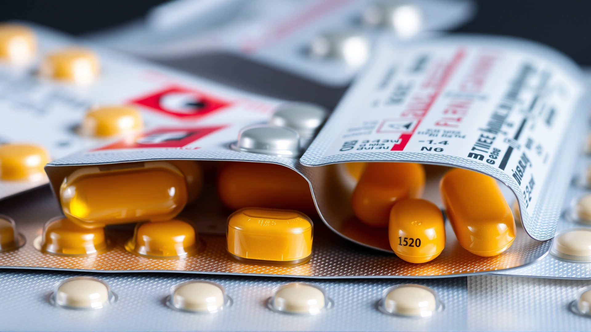 Close-up on blister packs and chewable tablets labeled for veterinary use with soft lighting.