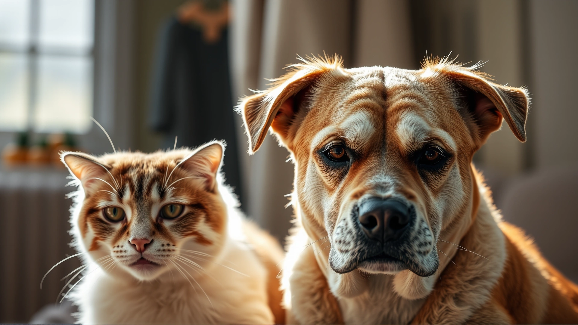 Close-up of an elderly dog and senior cat sitting side by side, both looking calm, sunlight filtering through a window behind them, symbolizing companionship in aging