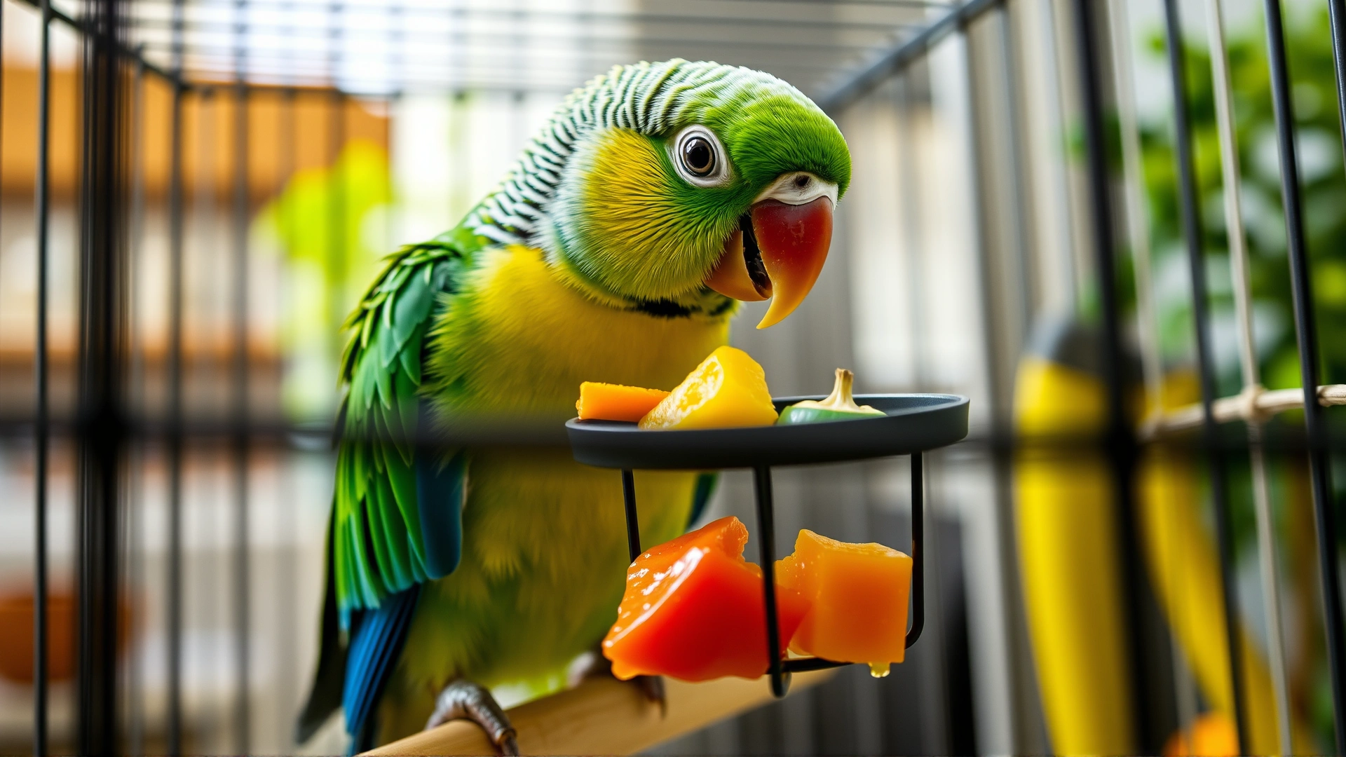 Colorful parakeet inside a cage eating fresh vegetables from a hanging feeder, high-resolution, well-lit indoor scene.