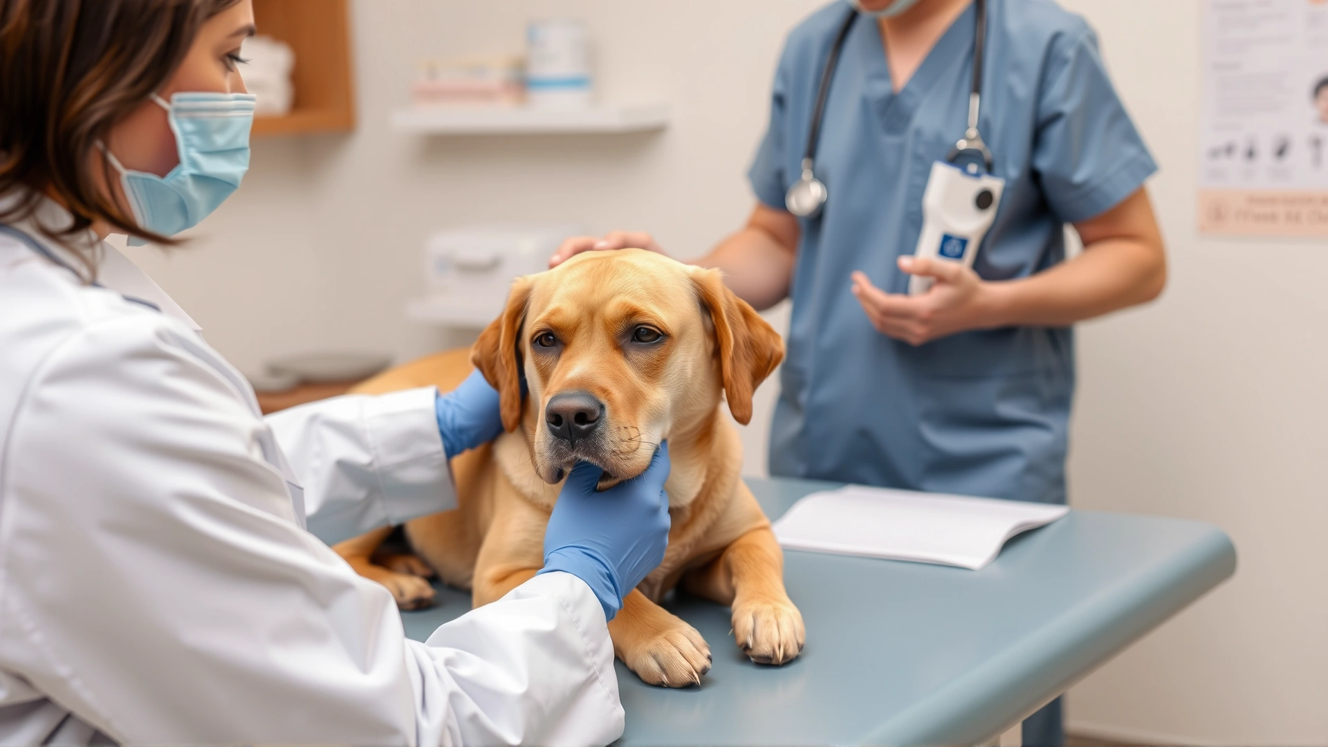 Veterinarian comforting a Labrador retriever on the exam table while discussing treatment options with the owner, friendly clinic environment