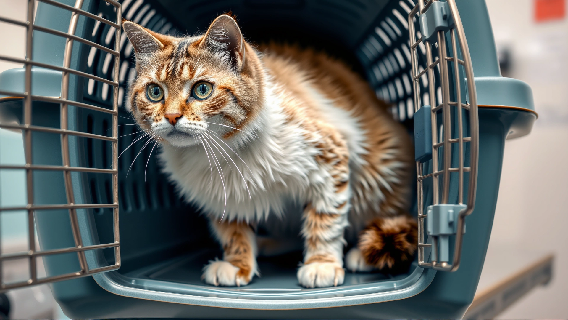 Cat comfortably inside a ventilated pet carrier placed on a clinic bench
