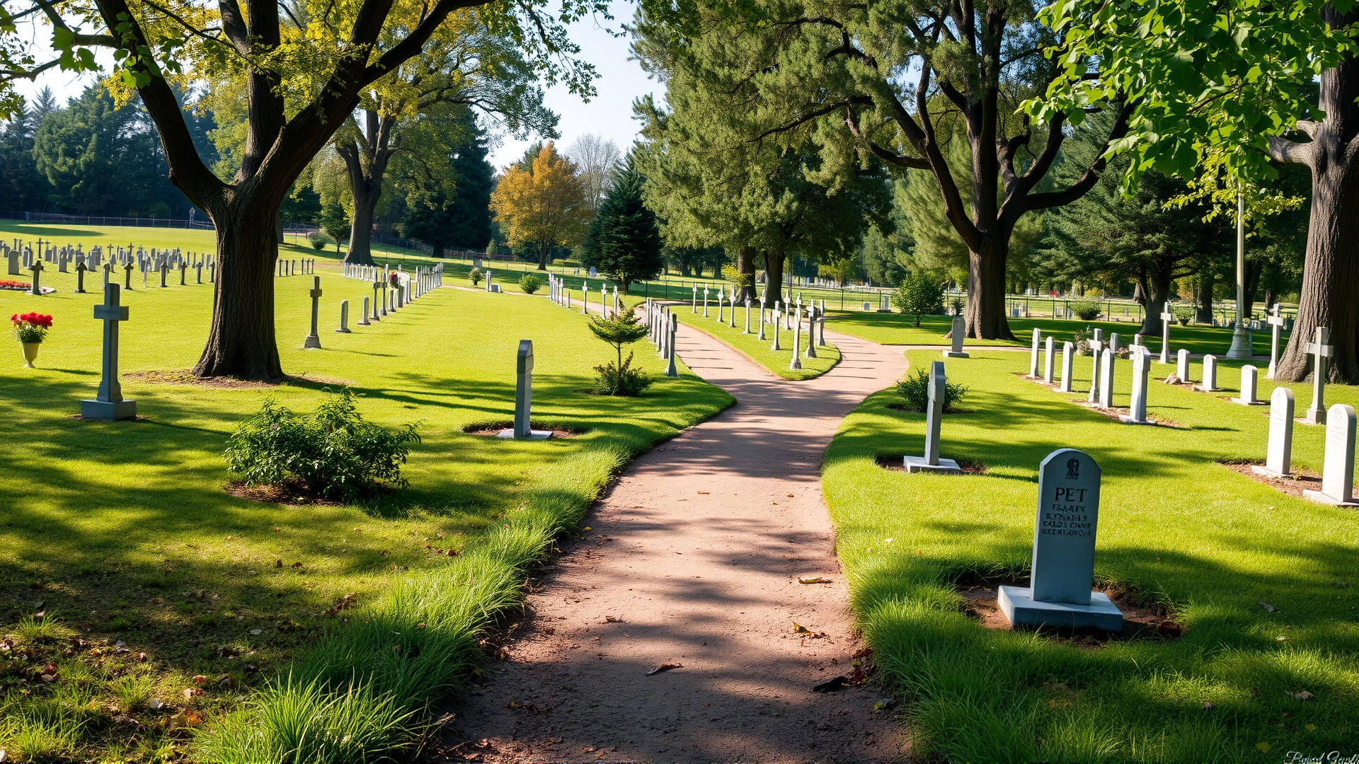 Well-maintained pet cemetery with small headstones lined along a tree-shaded path, evoking peace and reflection.
