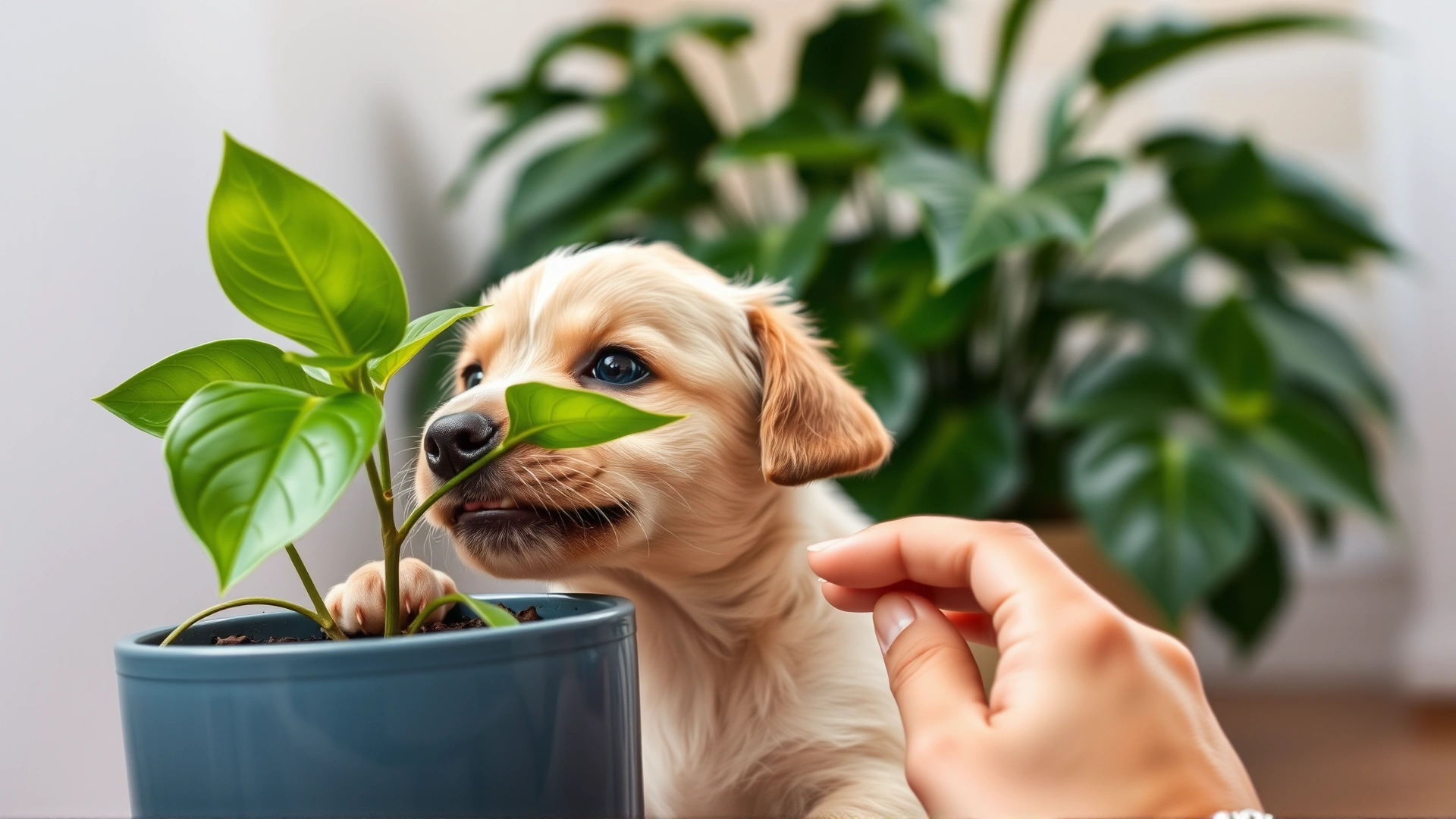 Puppy caught gently biting a houseplant leaf while owner’s hand moves the pot out of reach.