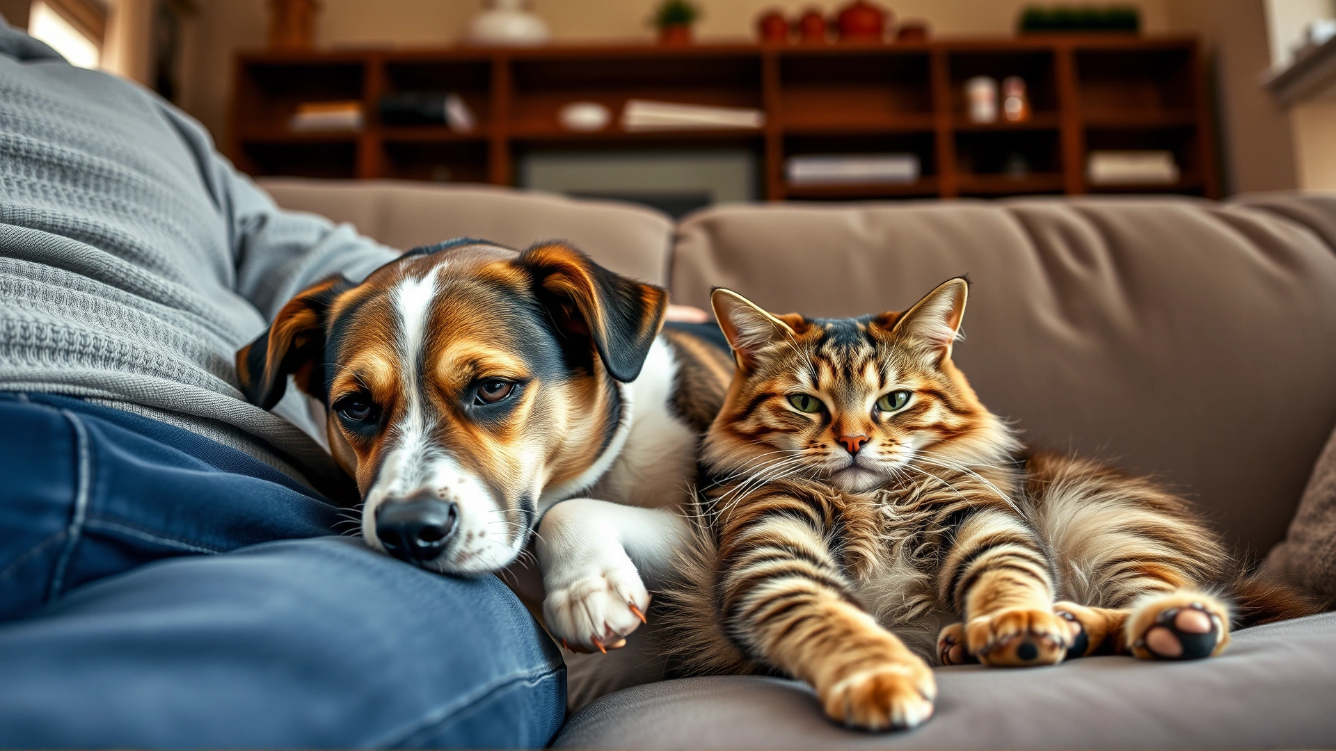 A high-resolution photo of a dog squeezing between its owner and a relaxed cat on a living-room couch, conveying a sense of jealousy, warm indoor lighting.