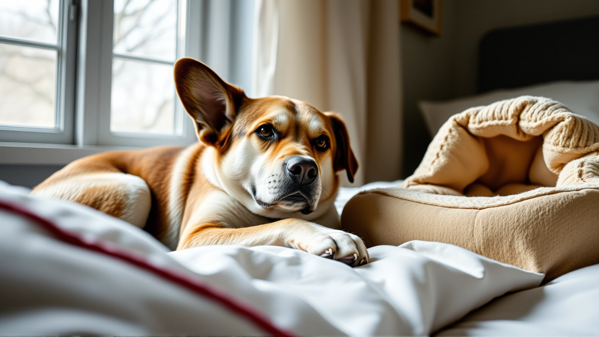 Surviving dog lying on a bed, looking at an empty pet bed beside it, soft window light