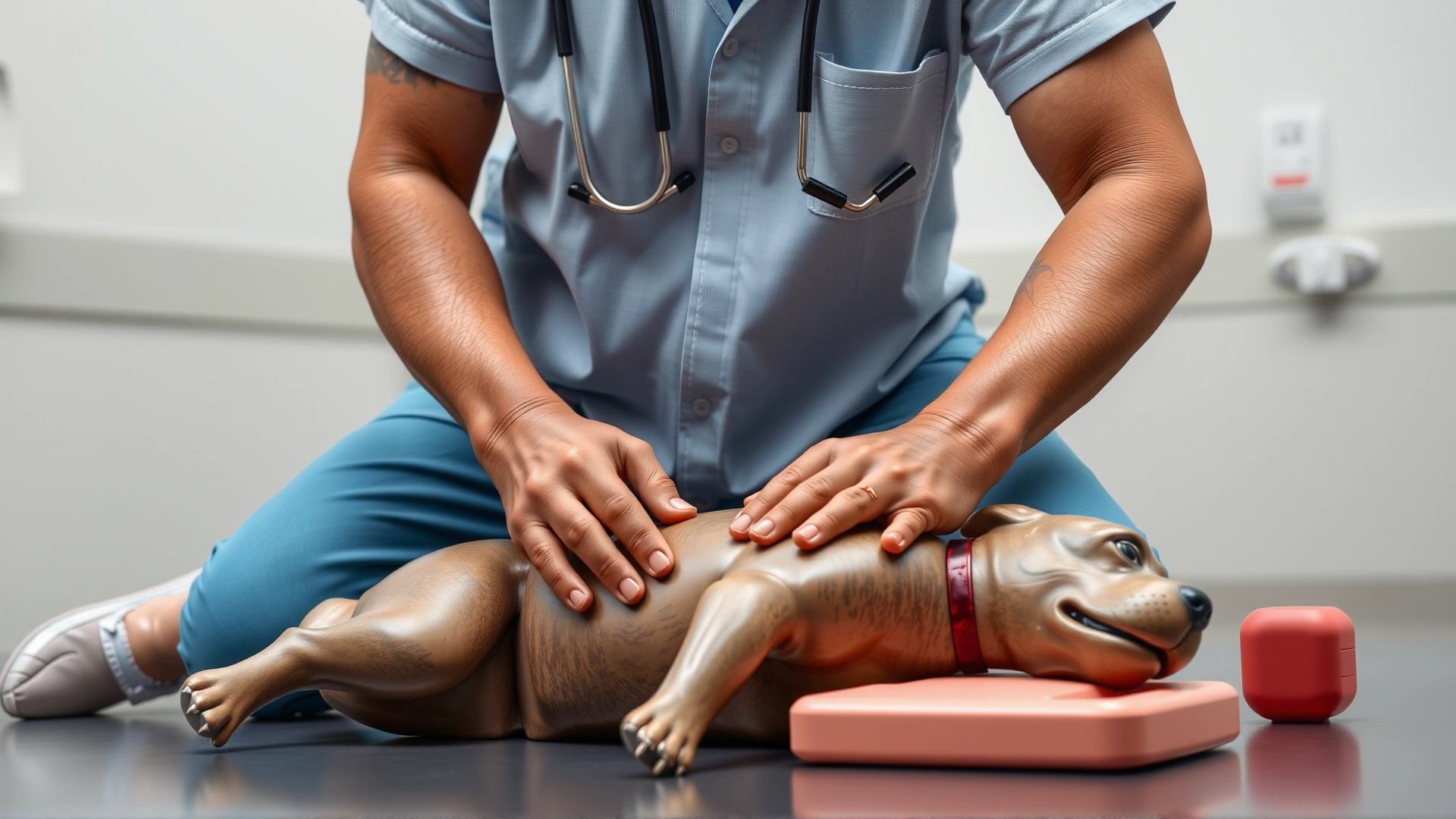 Veterinarian demonstrating canine CPR on a training mannequin, clinical setting, high detail