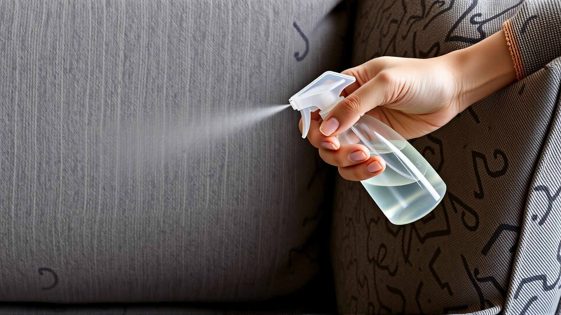 Hand holding a pet-safe citrus spray bottle being misted onto couch fabric
