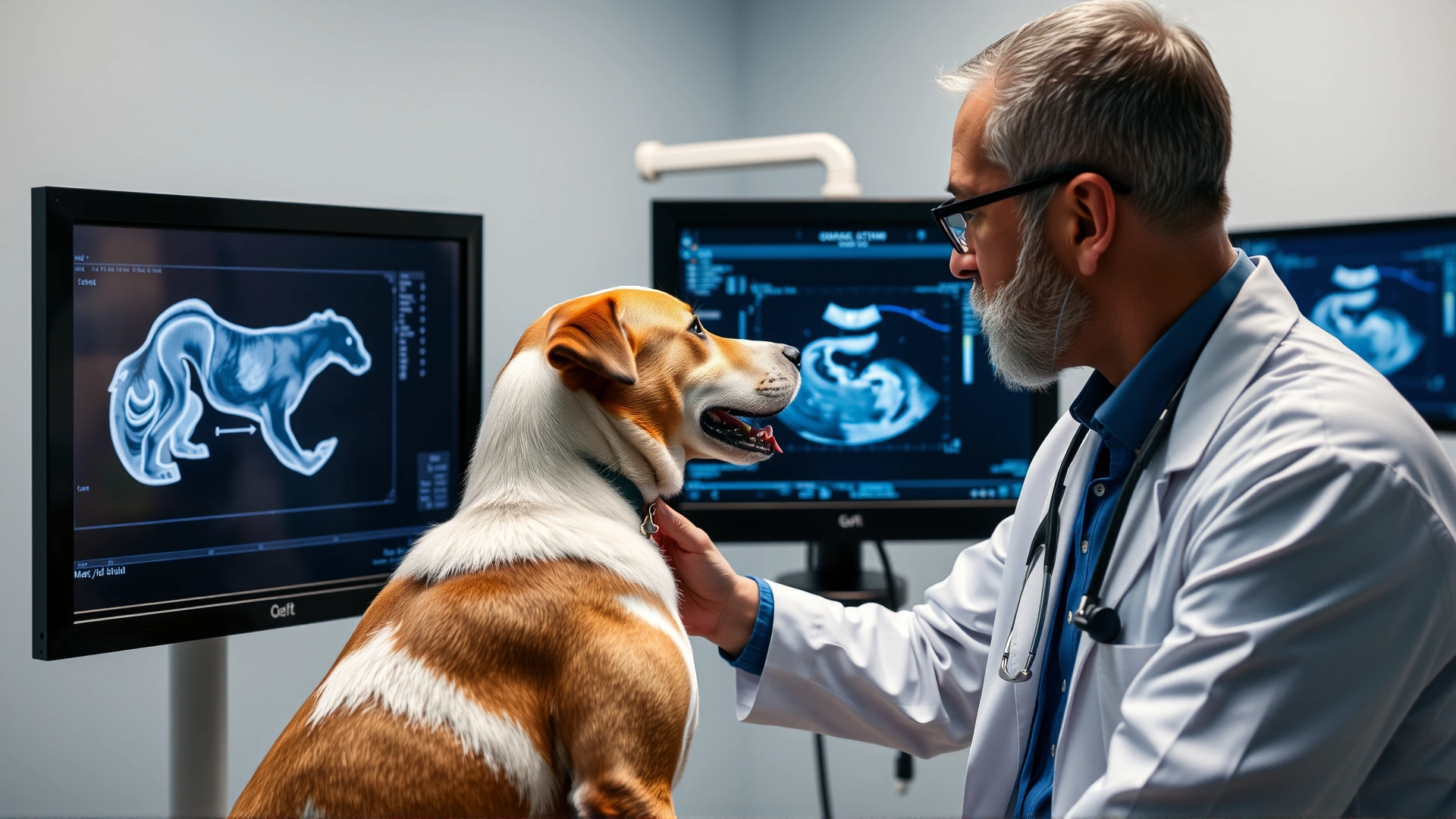 Veterinarian examining an ultrasound scan of a dog on a monitor in a modern clinic