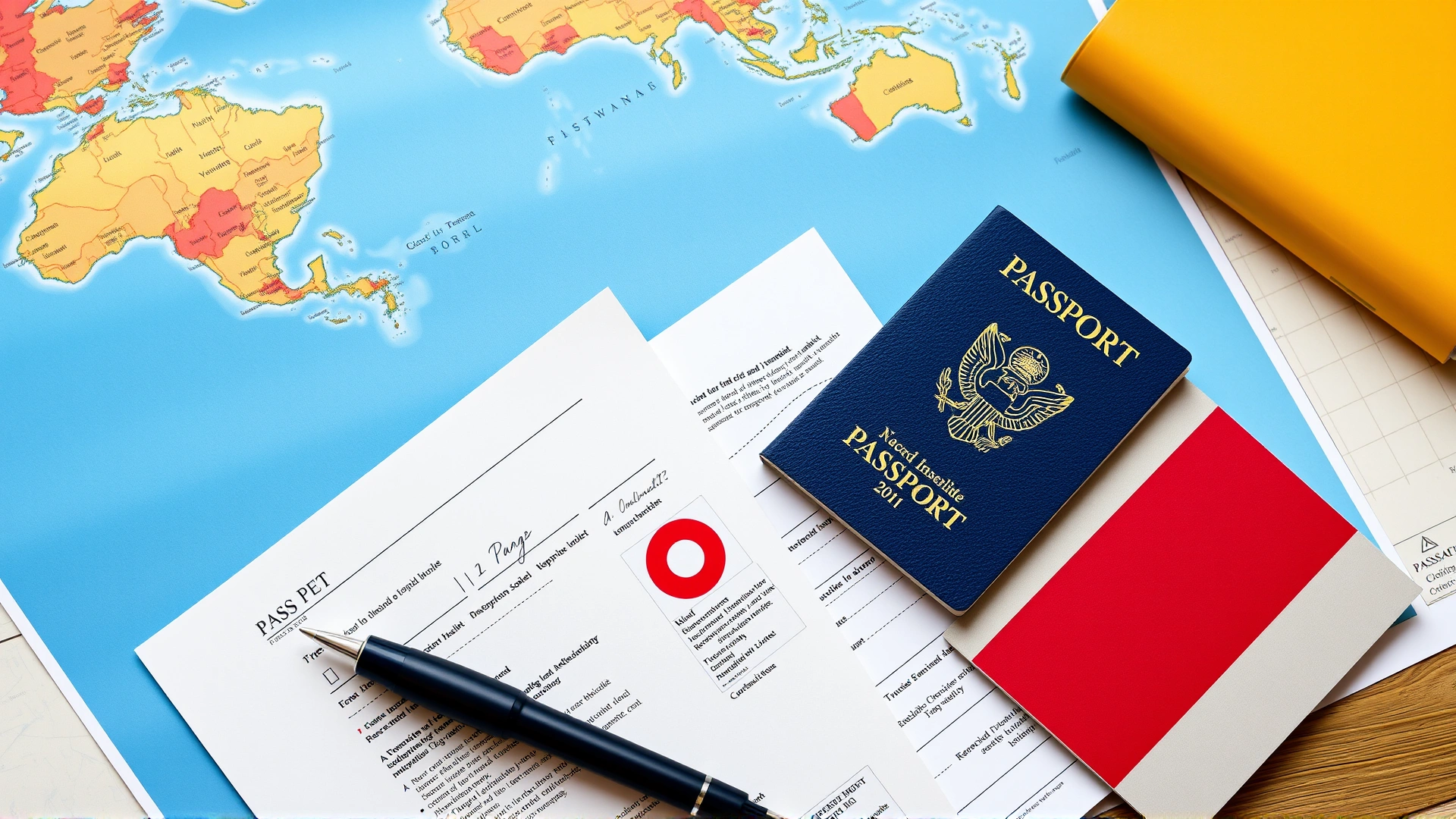 Flat lay of a pet passport, vaccination booklet, health certificate, and travel insurance papers spread over a world map with a pen.