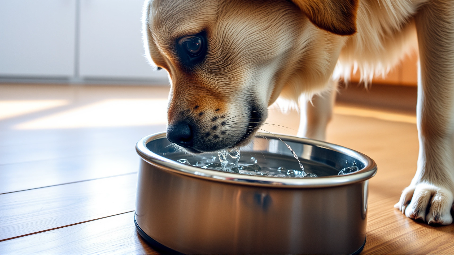 Close-up of a domestic dog drinking fresh water from a stainless-steel bowl on a kitchen floor, sunlight streaming in.