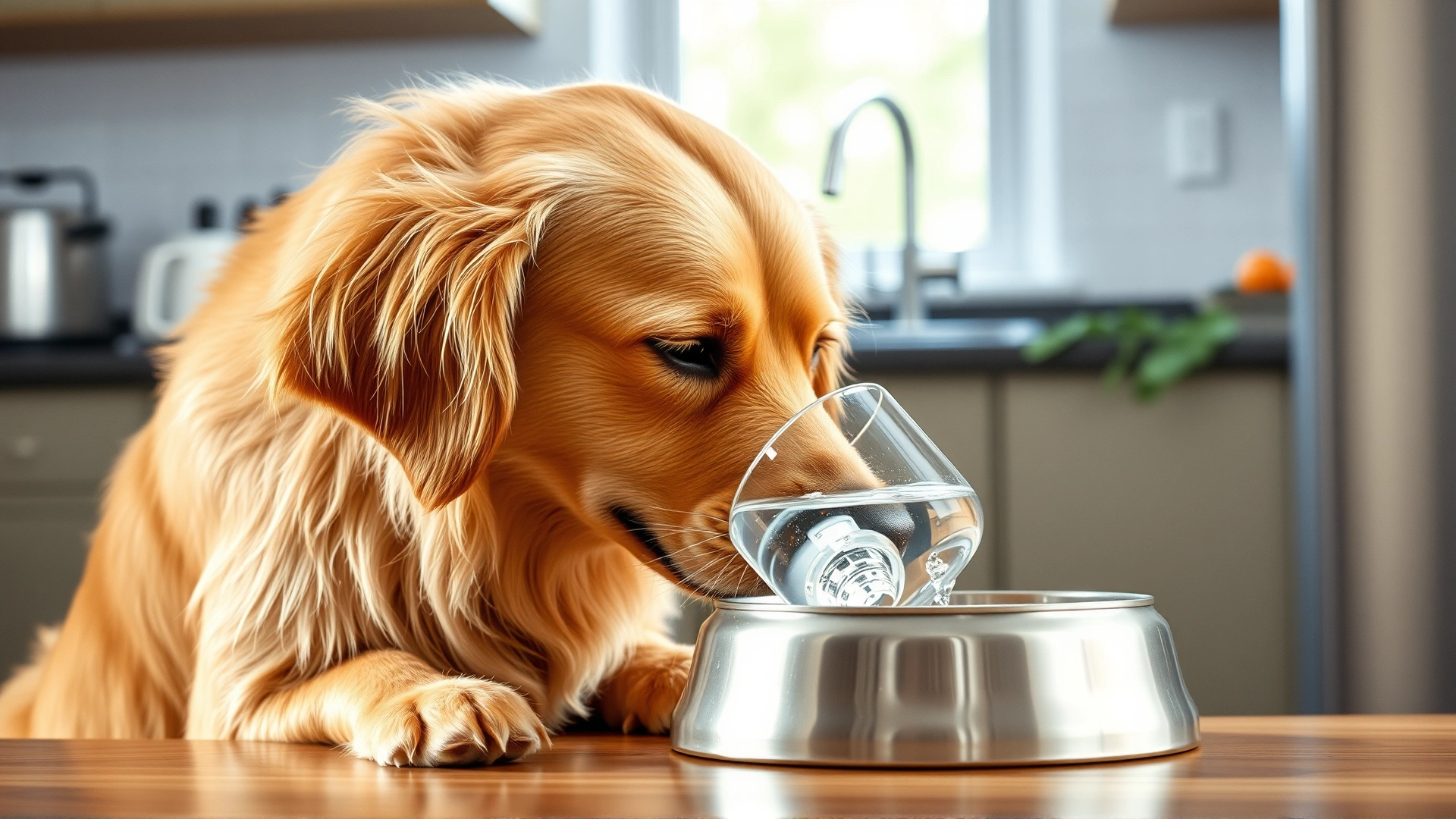 A golden retriever dog drinking fresh water from a stainless steel bowl in the kitchen, emphasizing hydration