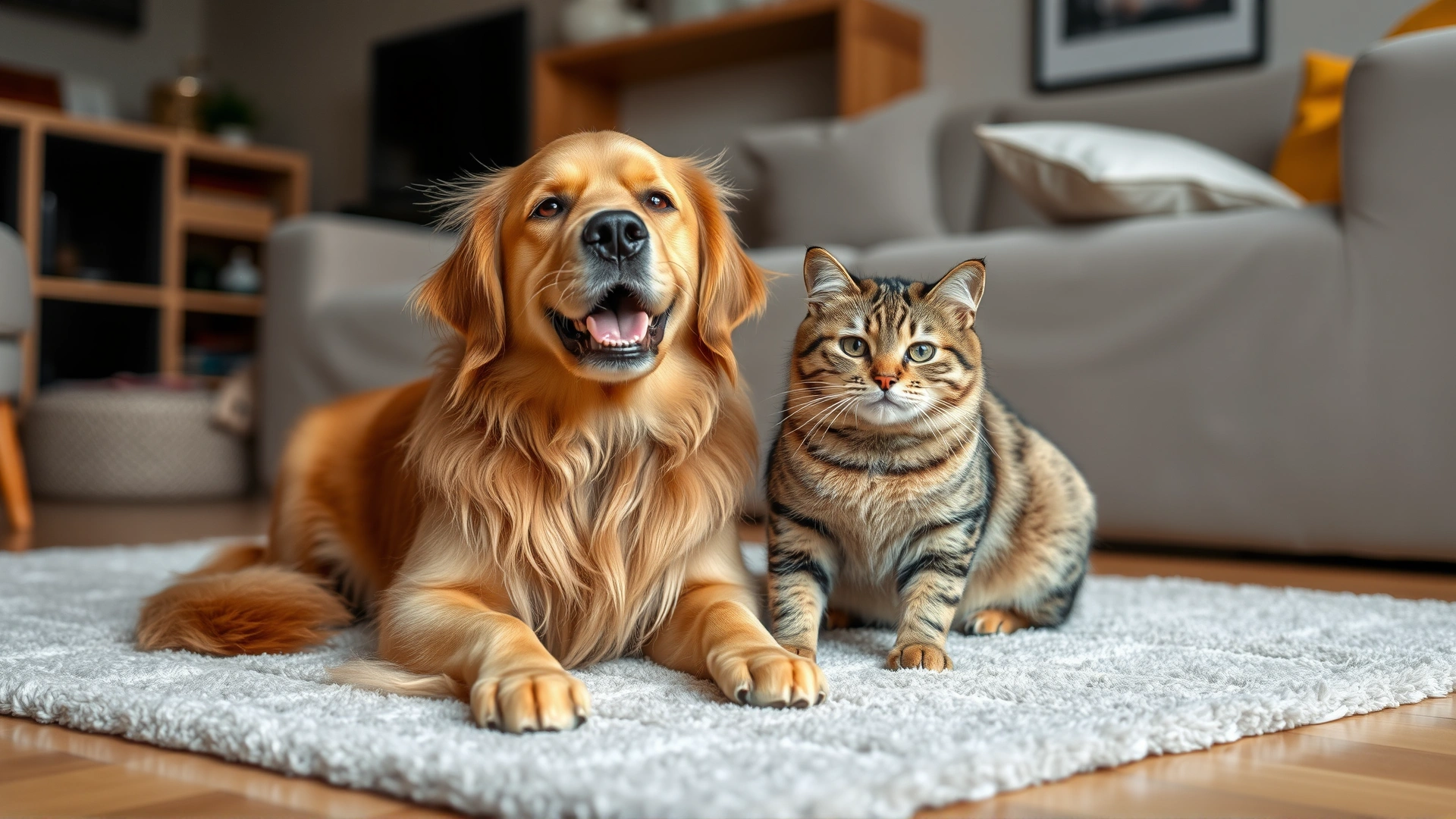 Happy golden retriever and tabby cat sitting side by side on a living room rug, looking healthy and relaxed