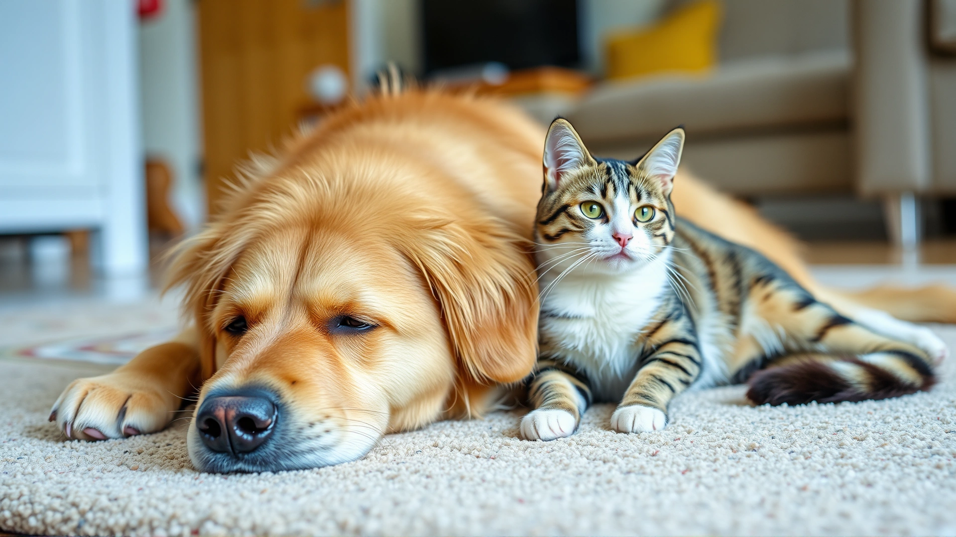 A joyful Golden Retriever and a domestic short-haired cat relaxing side by side on a living-room rug, bright colors, shallow depth of field.