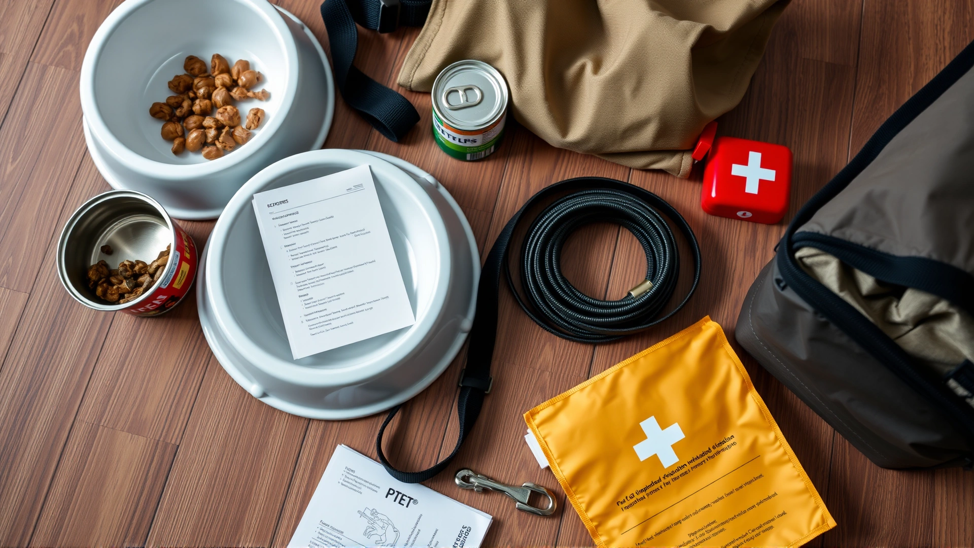 Flat lay of a well-organized pet evacuation kit: food bowls, canned food, leash, vaccination records, and a small first-aid kit on a wooden floor.