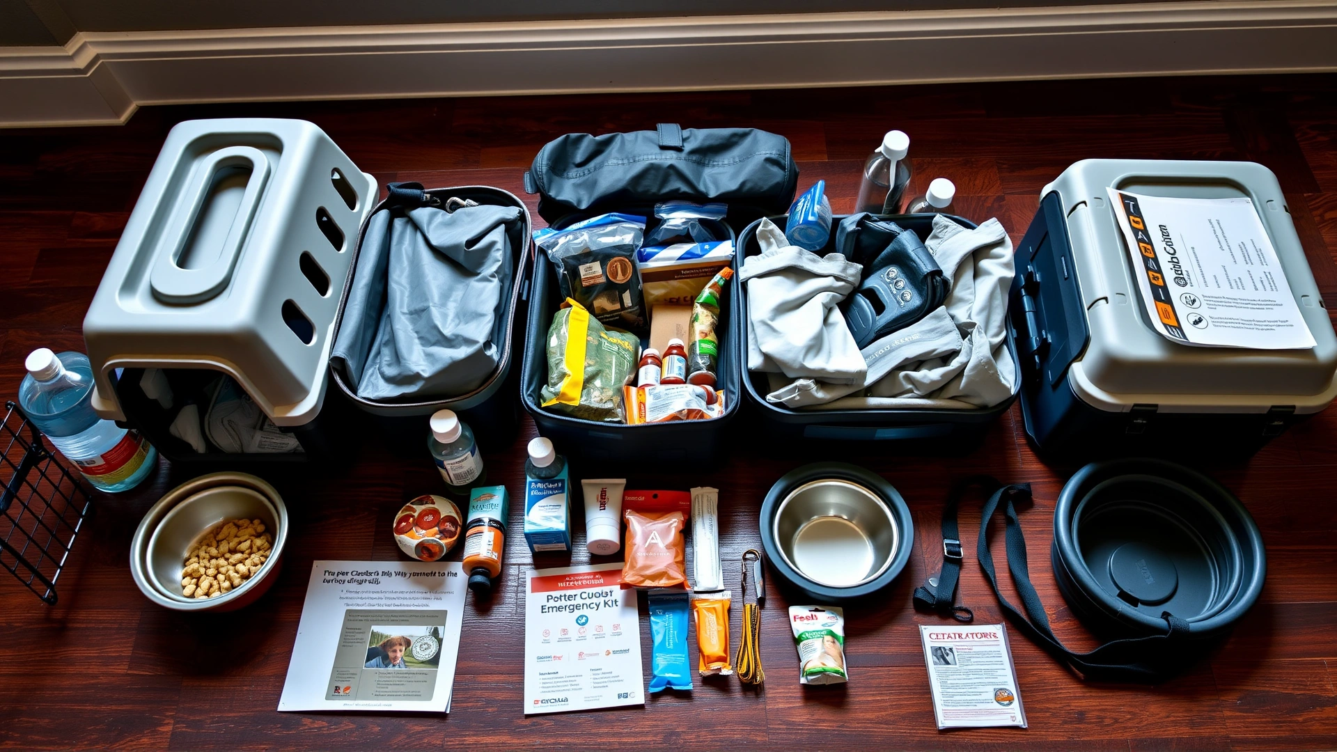 Neatly arranged pet emergency kit: carrier, collapsible bowls, food, water bottles, medications, leash, and documents on a wooden floor.