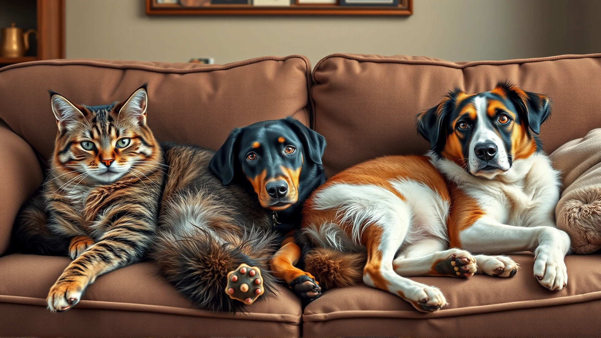 Collage-style shot of multiple pets (two cats and two dogs) relaxing together on a cozy couch