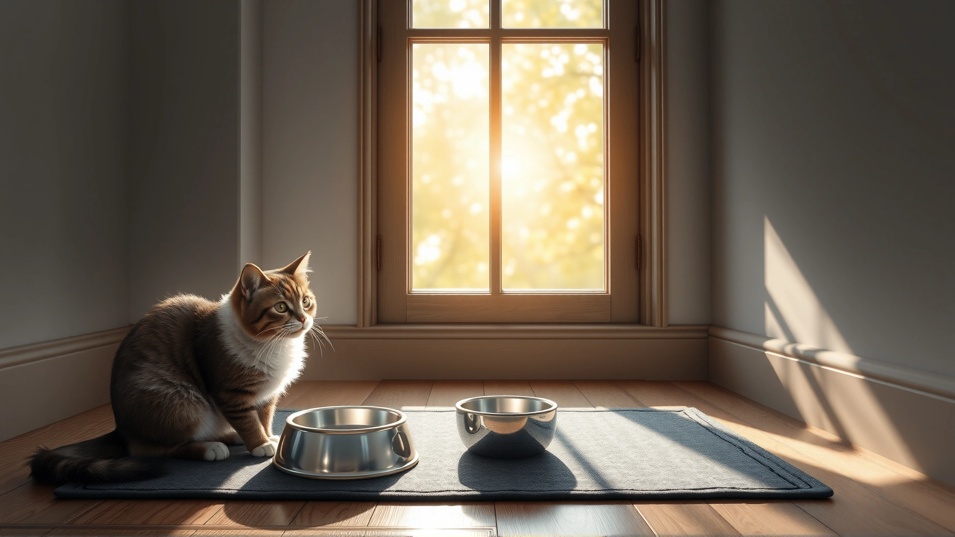 Morning light coming through a window while a cat and dog wait patiently beside their bowls on a feeding mat