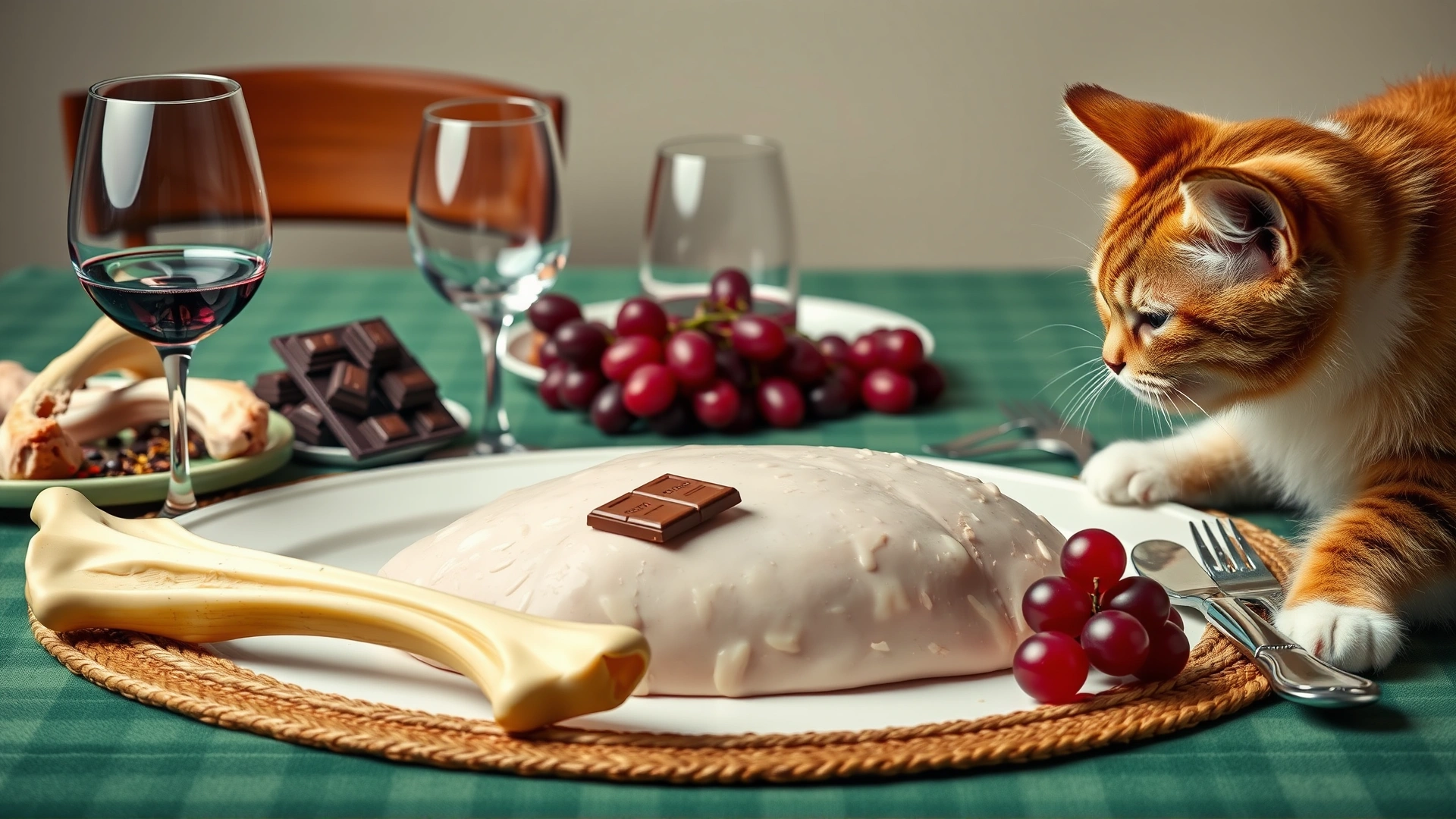 Holiday dinner table displaying turkey bones, chocolate, grapes, and a wine glass while a cat reaches toward the food, representing dangerous holiday foods for pets.