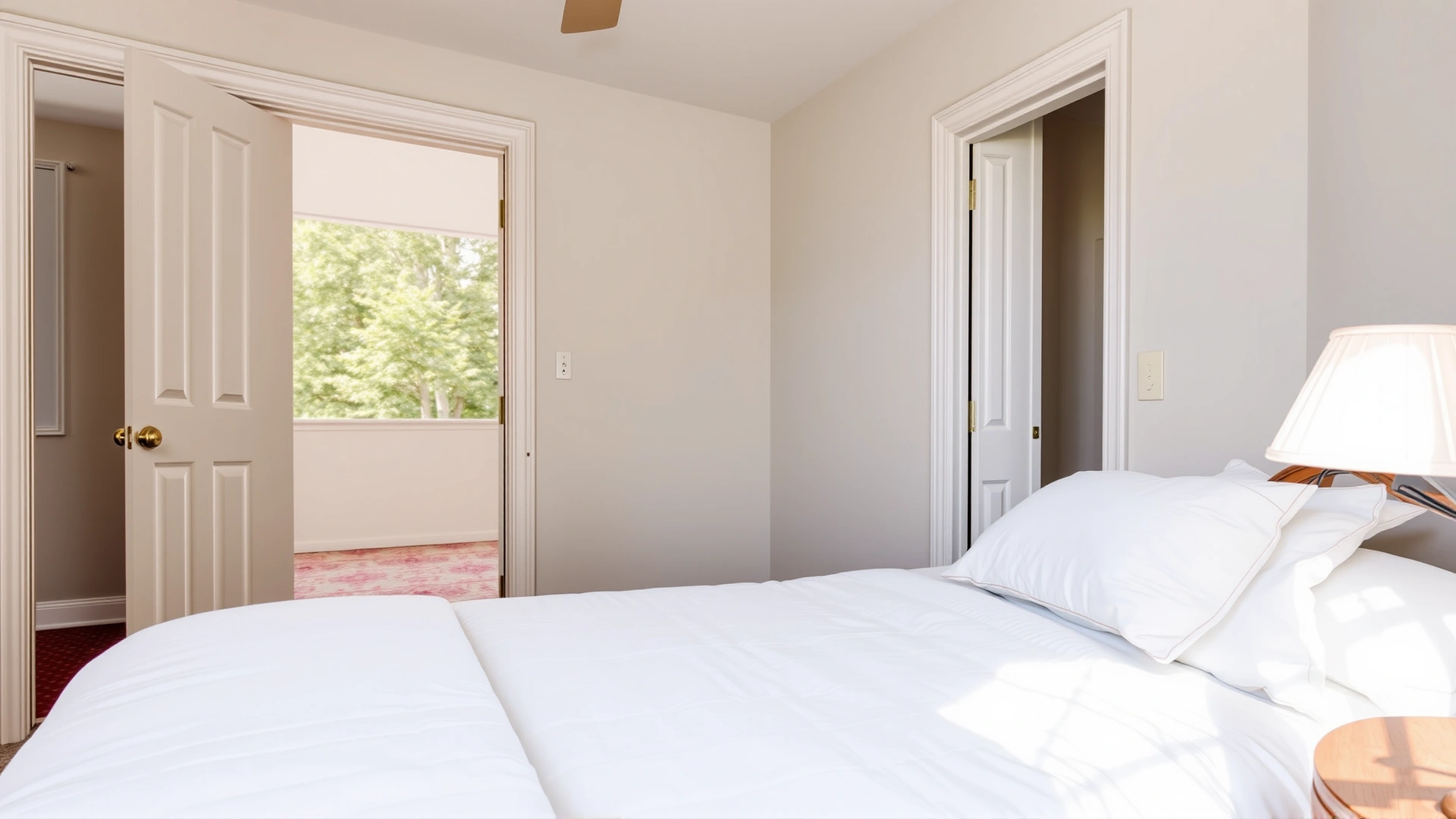 Cozy guest bedroom with neatly made white bedding and no pets present, door slightly ajar, natural daylight, no text.