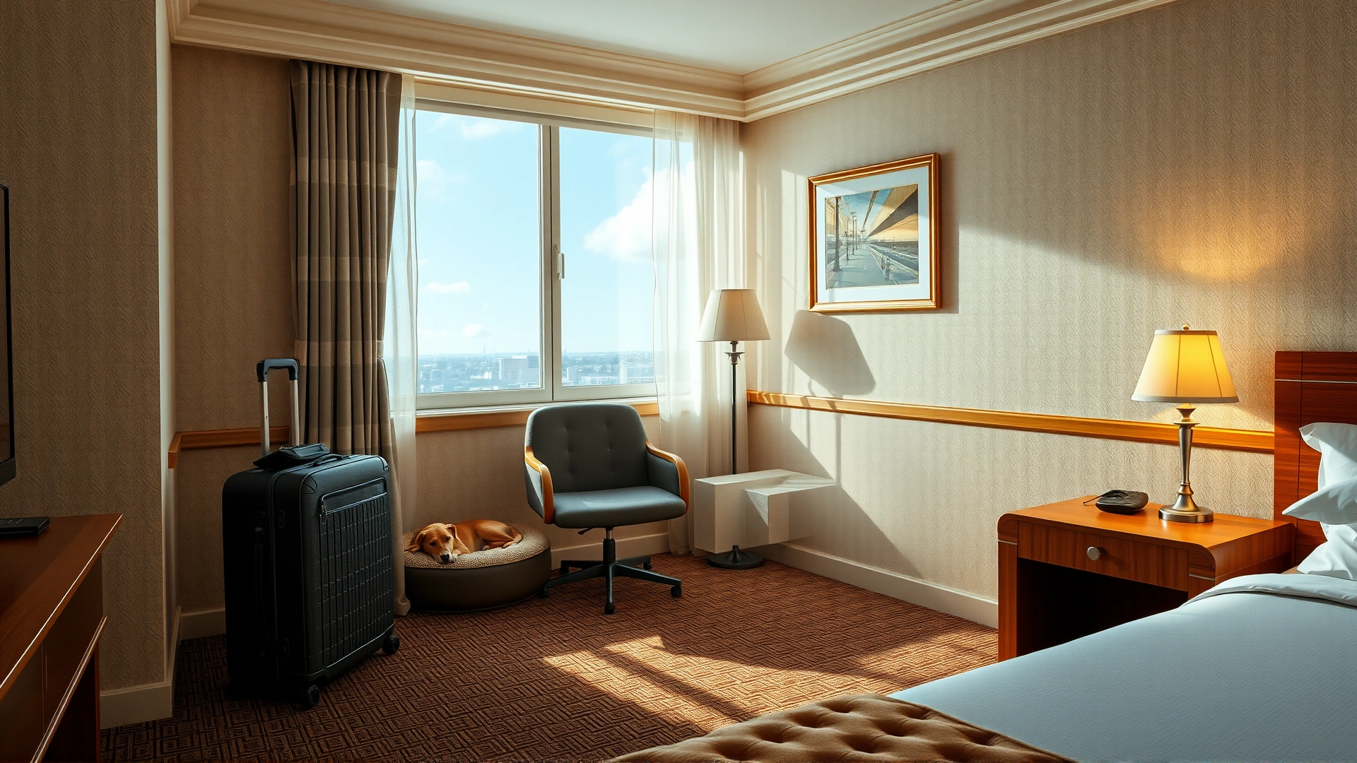 A cozy hotel room featuring a pet bed in the corner and a relaxed dog lying next to a suitcase