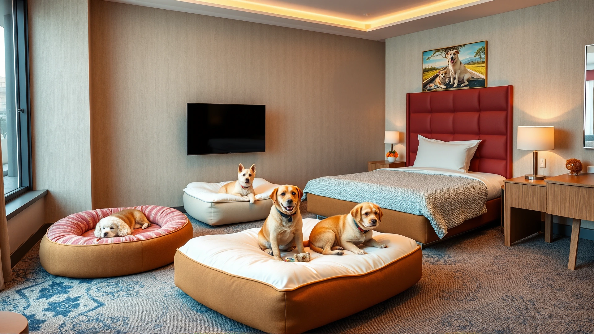 Cozy hotel room prepared for multiple pets, showing pet beds, food bowls, and toys neatly arranged