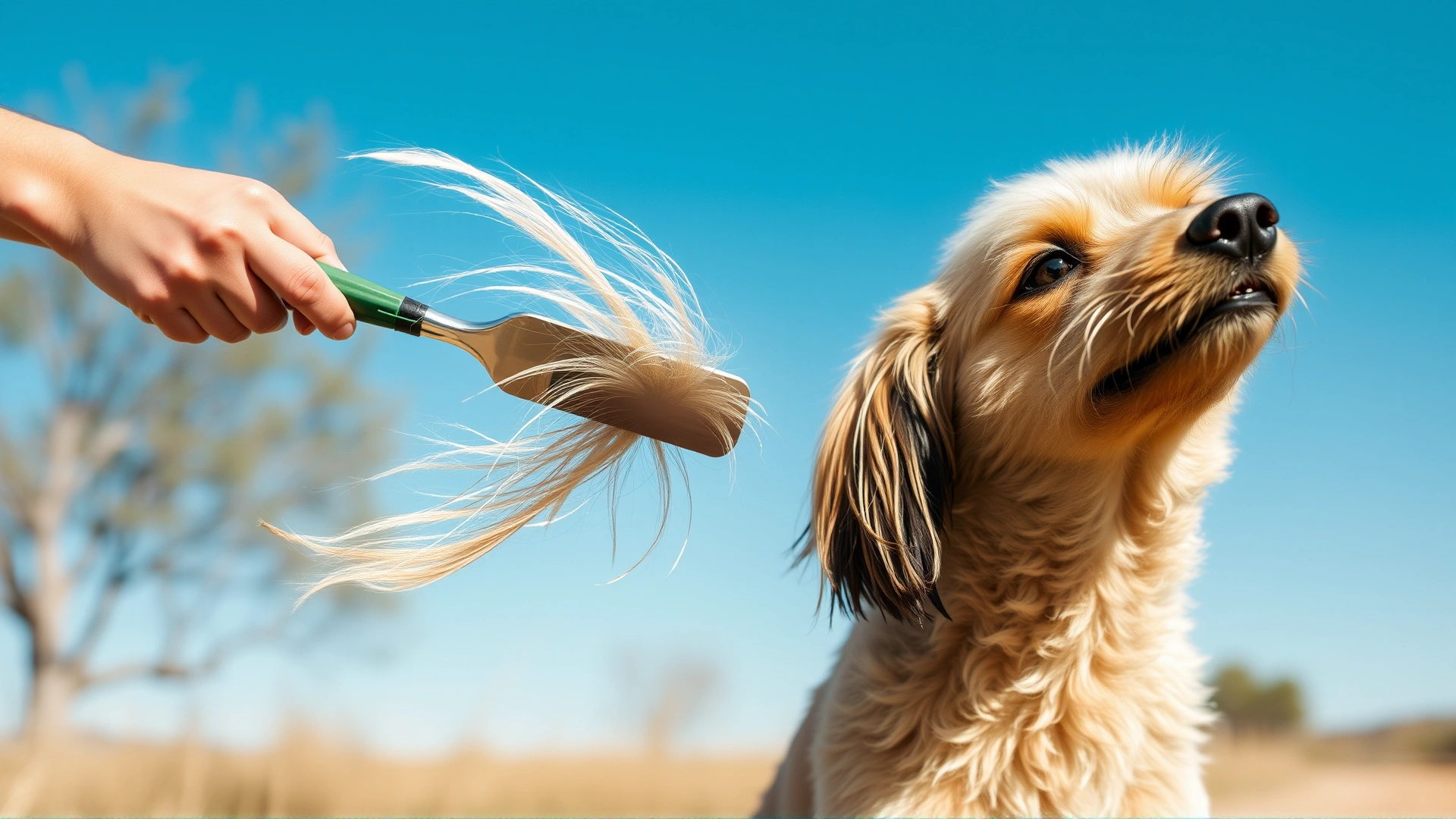 Owner brushing a short-haired dog outdoors on a sunny day, loose fur floating gently in the air, no text.