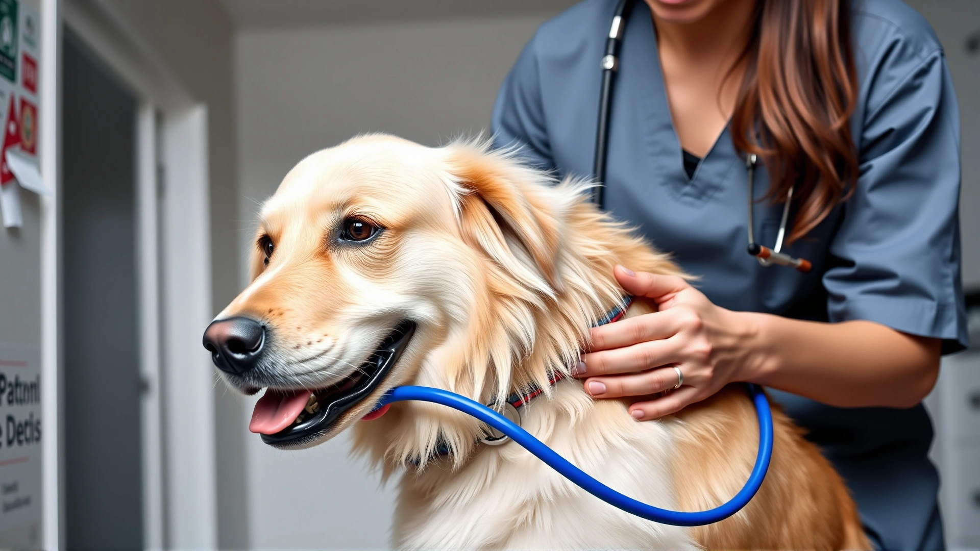 Veterinarian holding a stethoscope to a golden retriever's chest while the dog pants happily, clinic environment, no text
