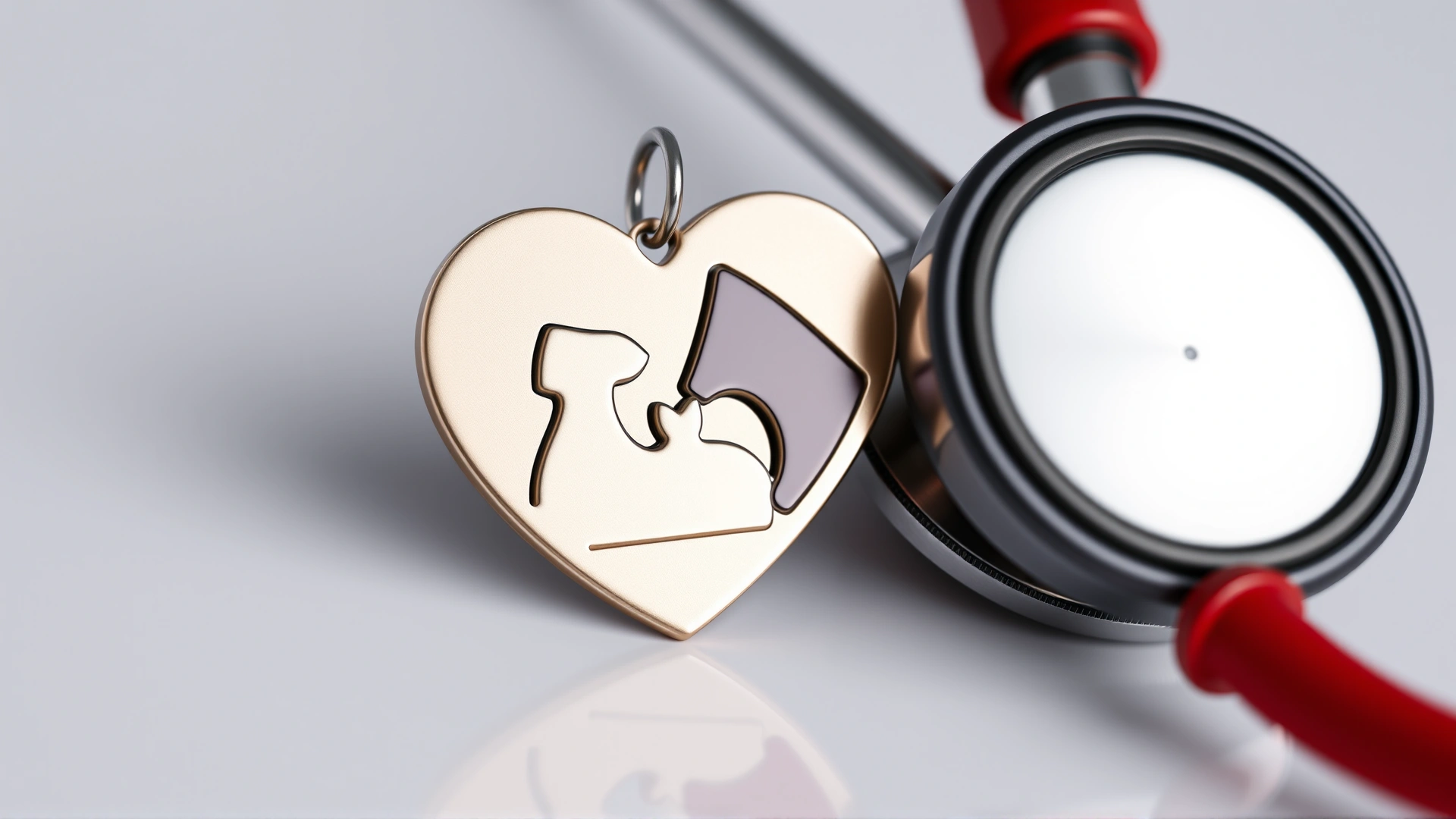 Close-up of a veterinary stethoscope next to a heart-shaped dog and cat tag on a clean examination table, symbolizing cardiac health.