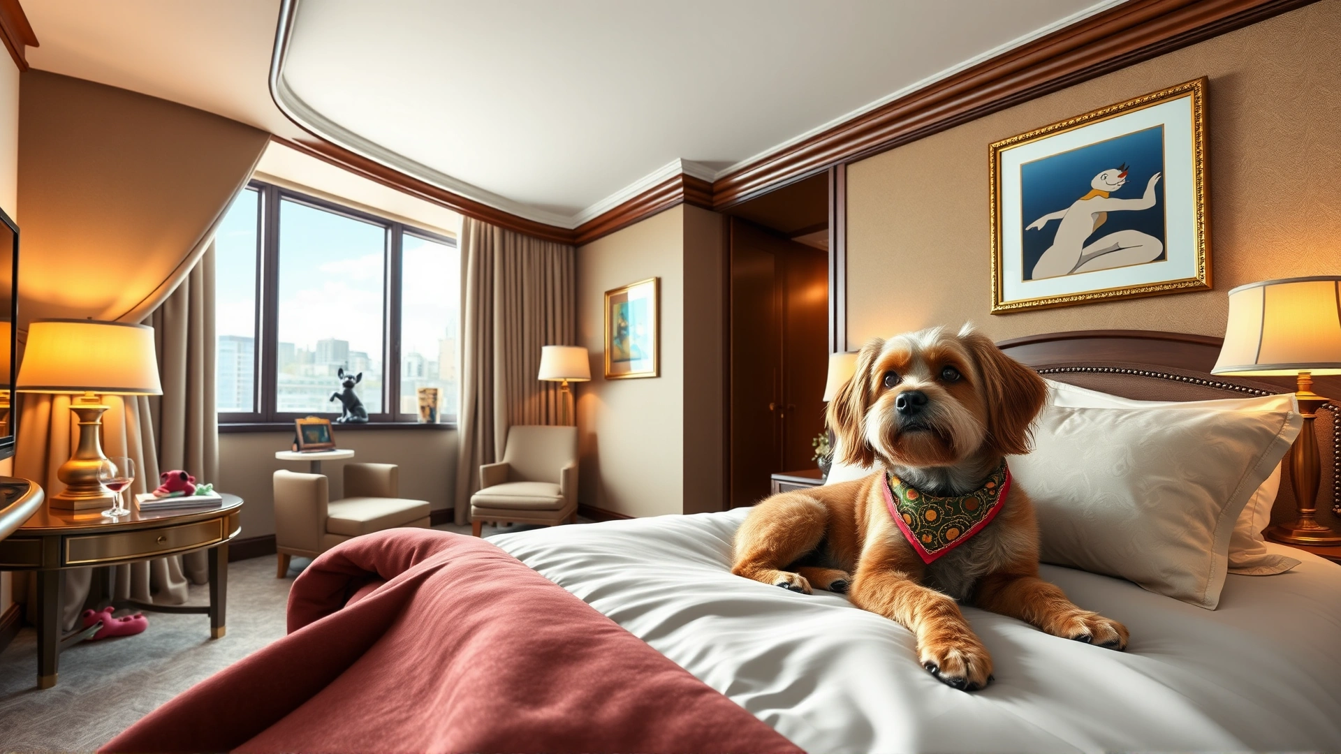 Luxurious pet hotel suite with plush bedding, toys, and a large window; a pampered dog wearing a bandana is sprawled contentedly.