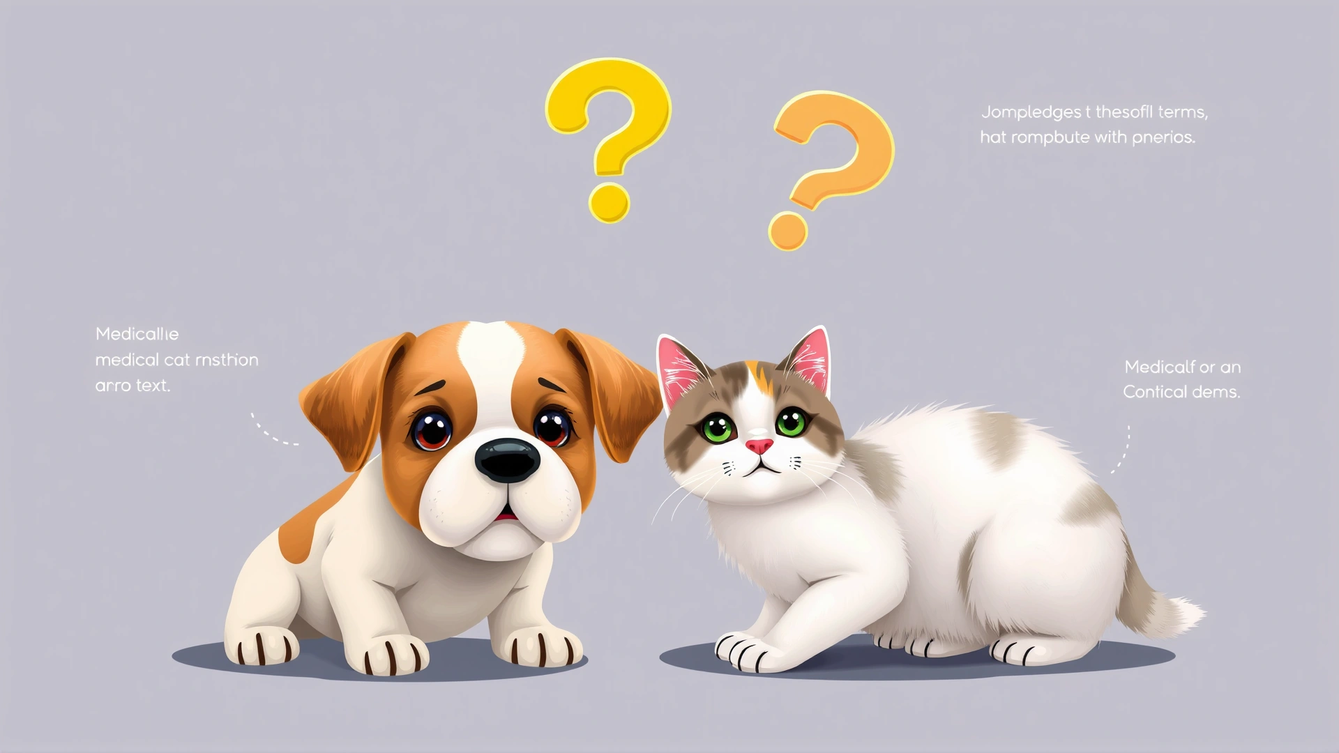 Friendly infographic-style illustration of a dog and cat with question marks above their heads, symbolizing curiosity about medical terms (no text).