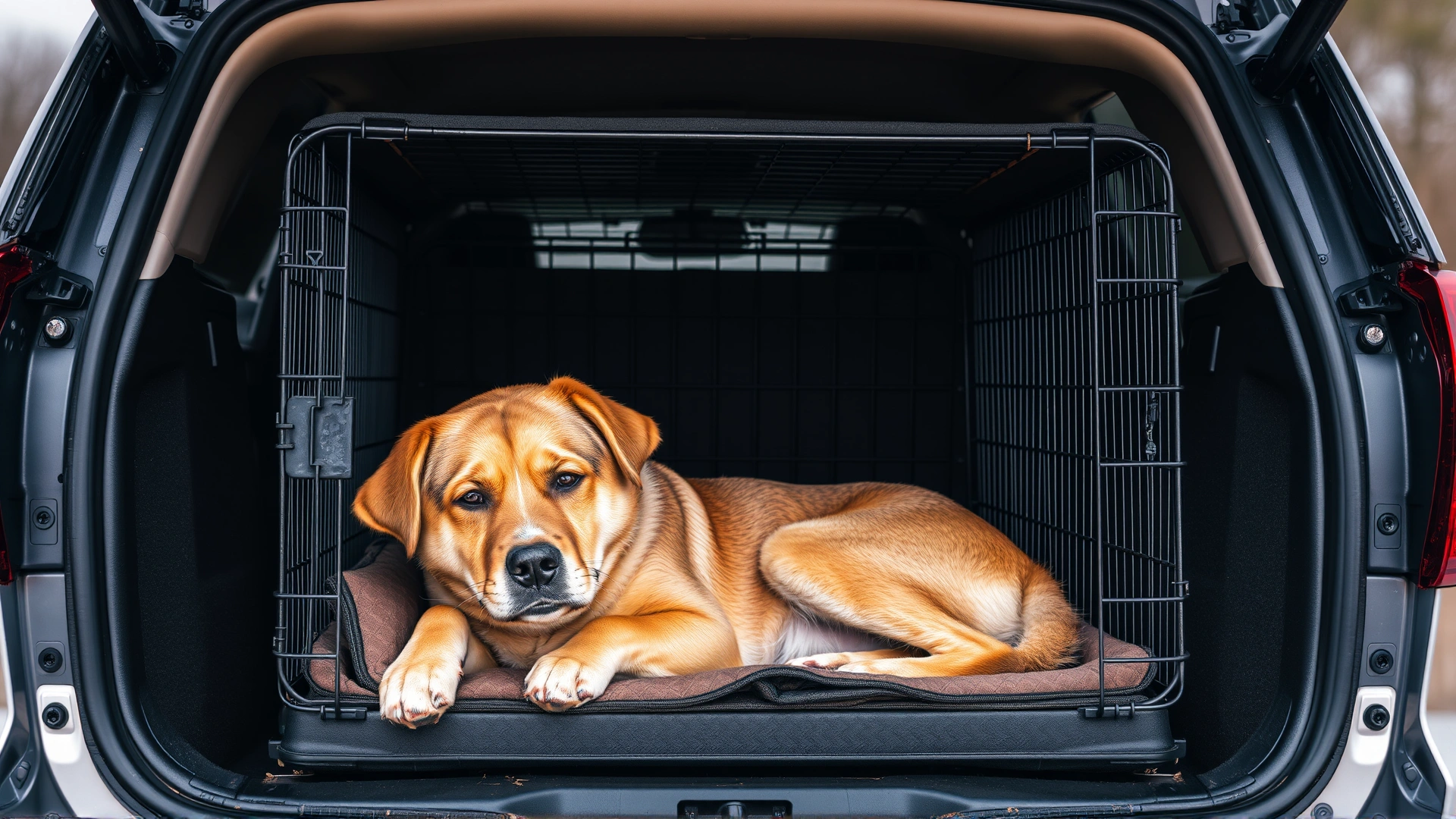 Dog resting calmly inside a sturdy, crash-tested travel crate placed in the back of an SUV