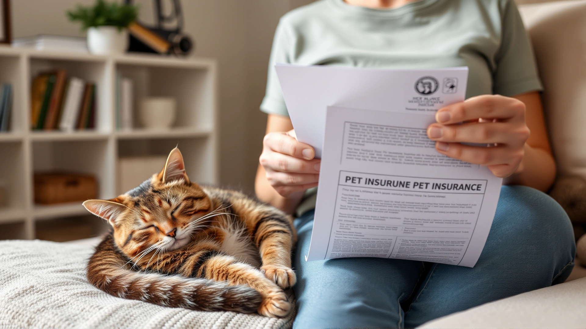 Pet owner reading pet insurance paperwork while a relaxed cat sleeps on their lap at home, soft natural light