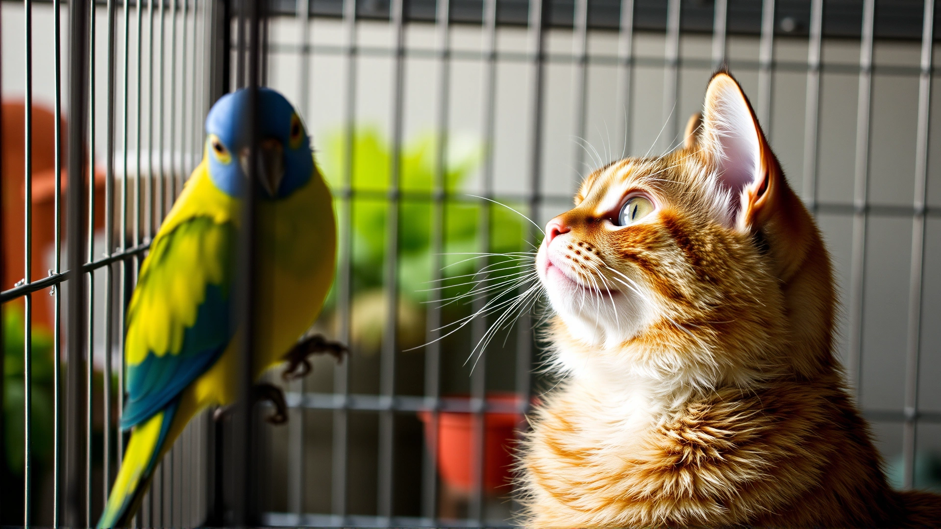 Domestic cat staring curiously at a caged parrot with safe distance, emphasizing the need to supervise inter-species interactions.