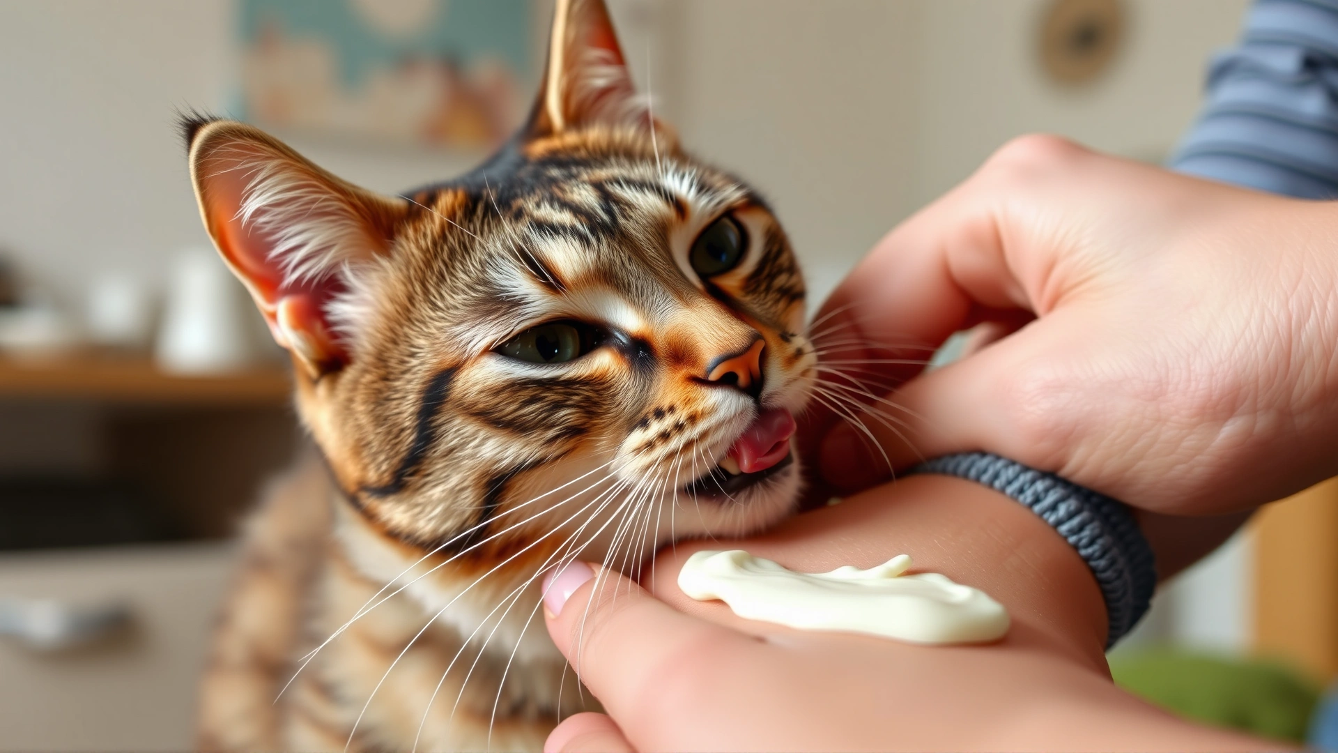 Close-up of a cat attempting to lick an owner's forearm covered with cream, owner gently stopping the cat, indoor setting