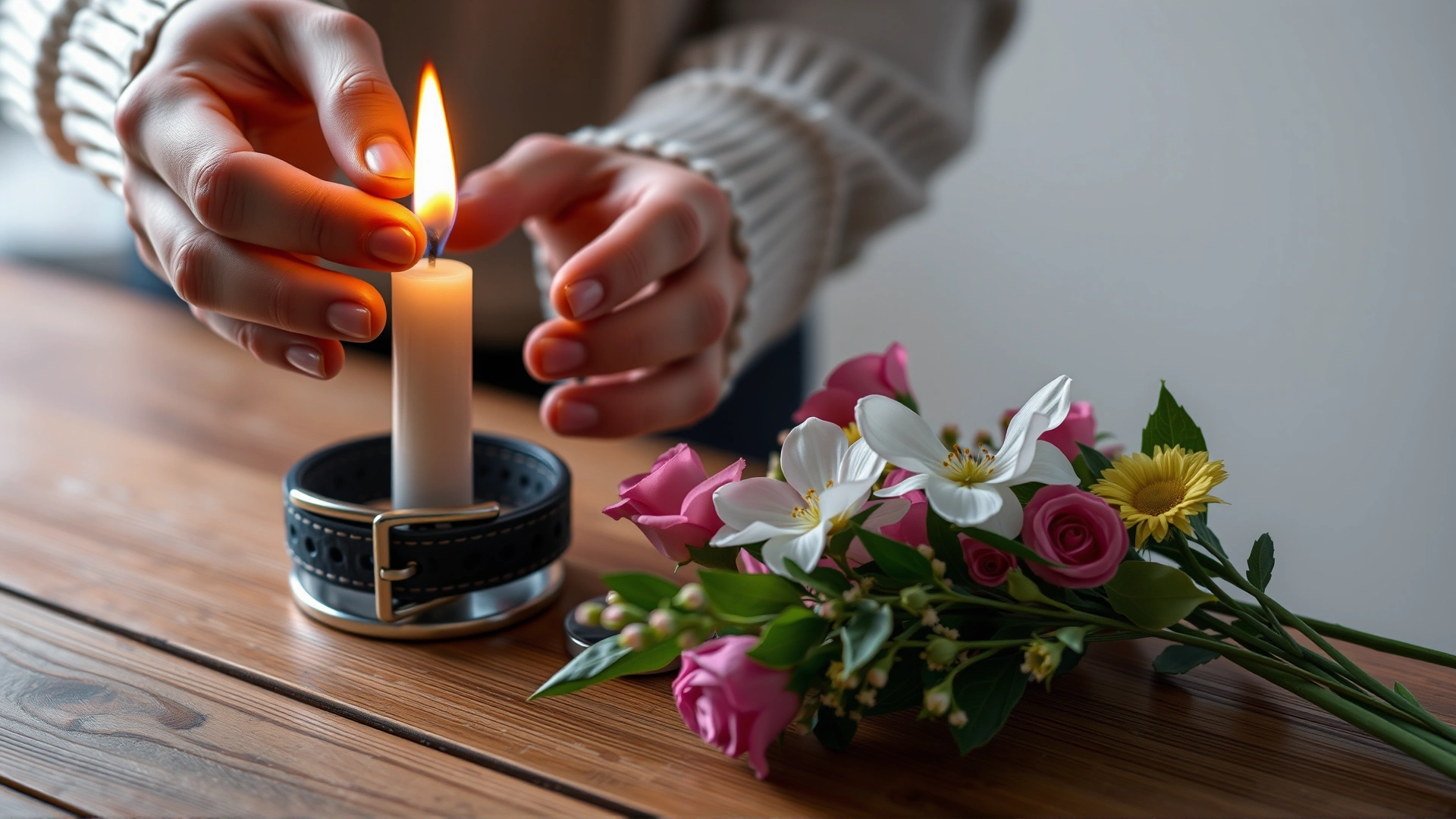 Close-up of hands lighting a small candle next to a pet collar and fresh flowers on a wooden memorial table.